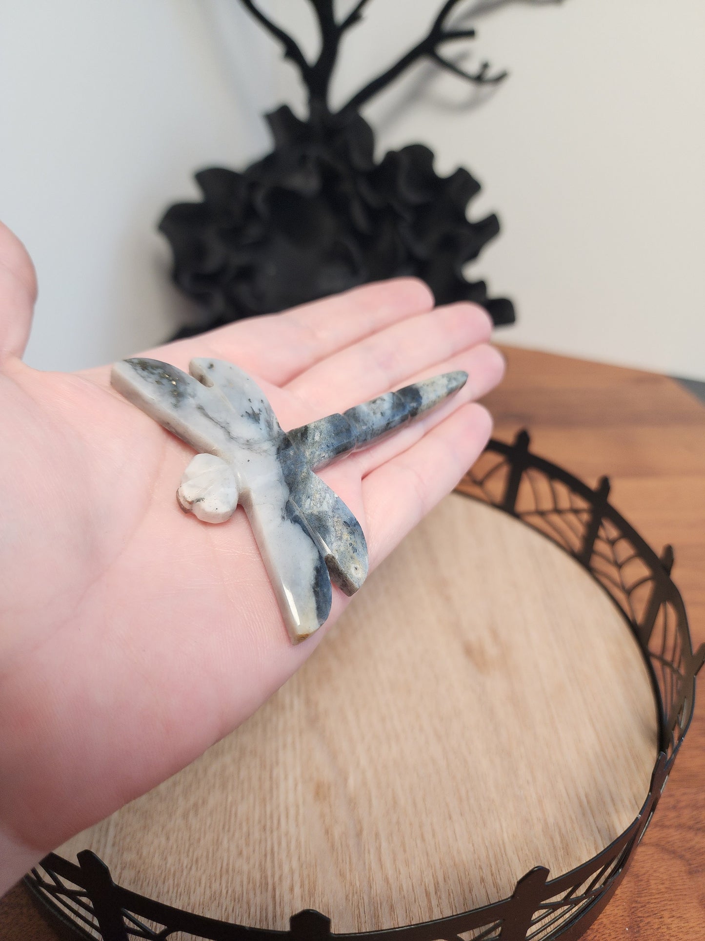 Crystal Dragonfly | Pyrite in Quartz | Gray, White, Black Carving | Halloween Crystals | Gothcore | Spooky Season | Only 1 Available