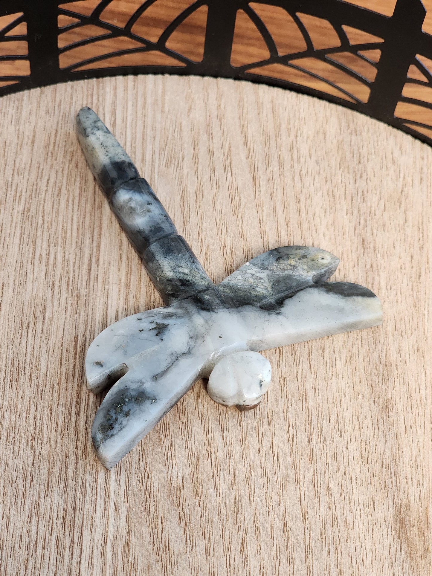 Crystal Dragonfly | Pyrite in Quartz | Gray, White, Black Carving | Halloween Crystals | Gothcore | Spooky Season | Only 1 Available