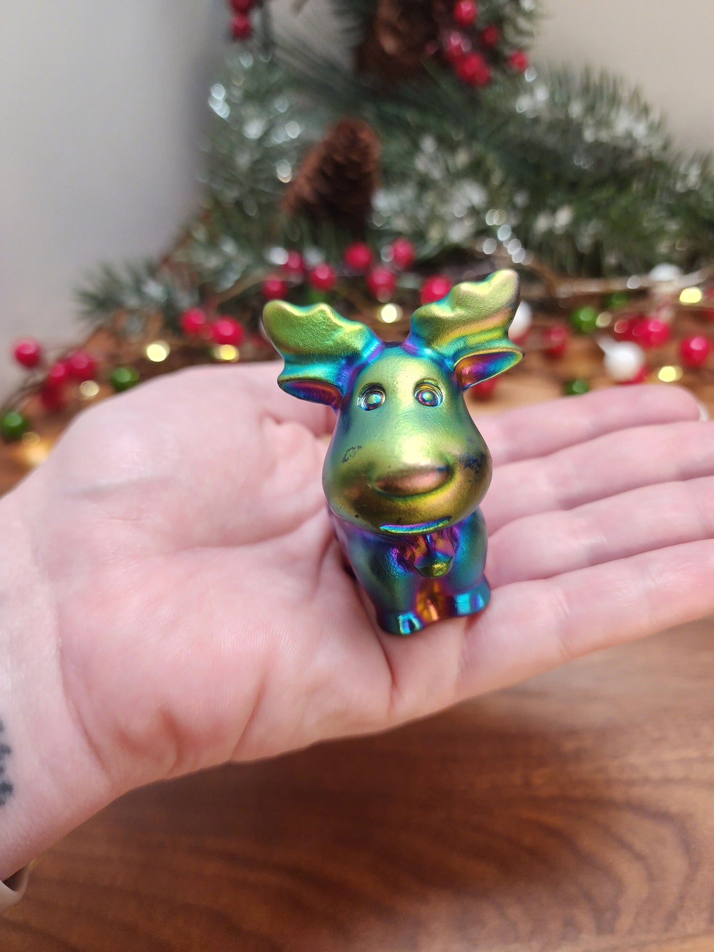 Super Fun Aura Coated Crystal Reindeer | Over 2" | Christmas Crystals | Rainbow Decor | Cute Rudolph | Pink, Purple, Green, Blue, Yellow