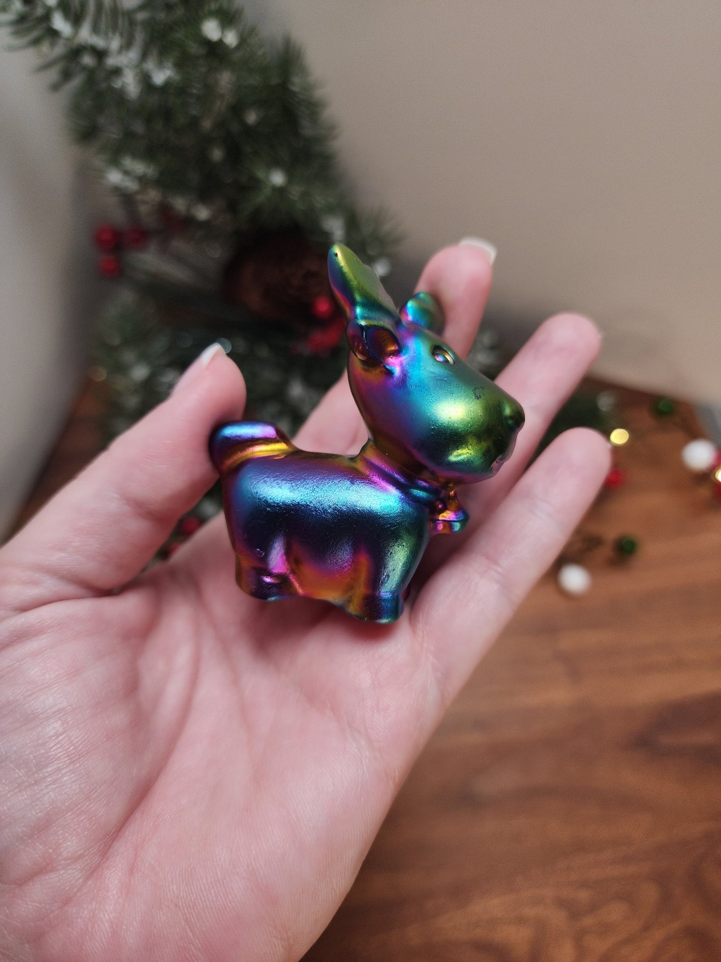 Super Fun Aura Coated Crystal Reindeer | Over 2" | Christmas Crystals | Rainbow Decor | Cute Rudolph | Pink, Purple, Green, Blue, Yellow