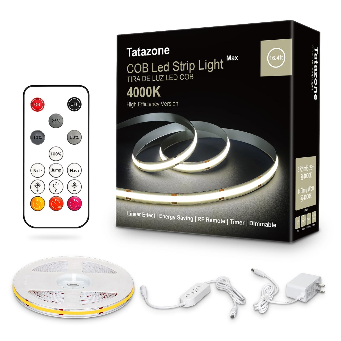 Tatazone White COB Led Strip Lights Max with RF Remote, 16.4ft 4000K CRI93+ Dimmable Ultra Bright Neutral White COB Light Strip, Indoor COB Led Lights for Mirror, Kitchen, Room, Cabinet, Closet