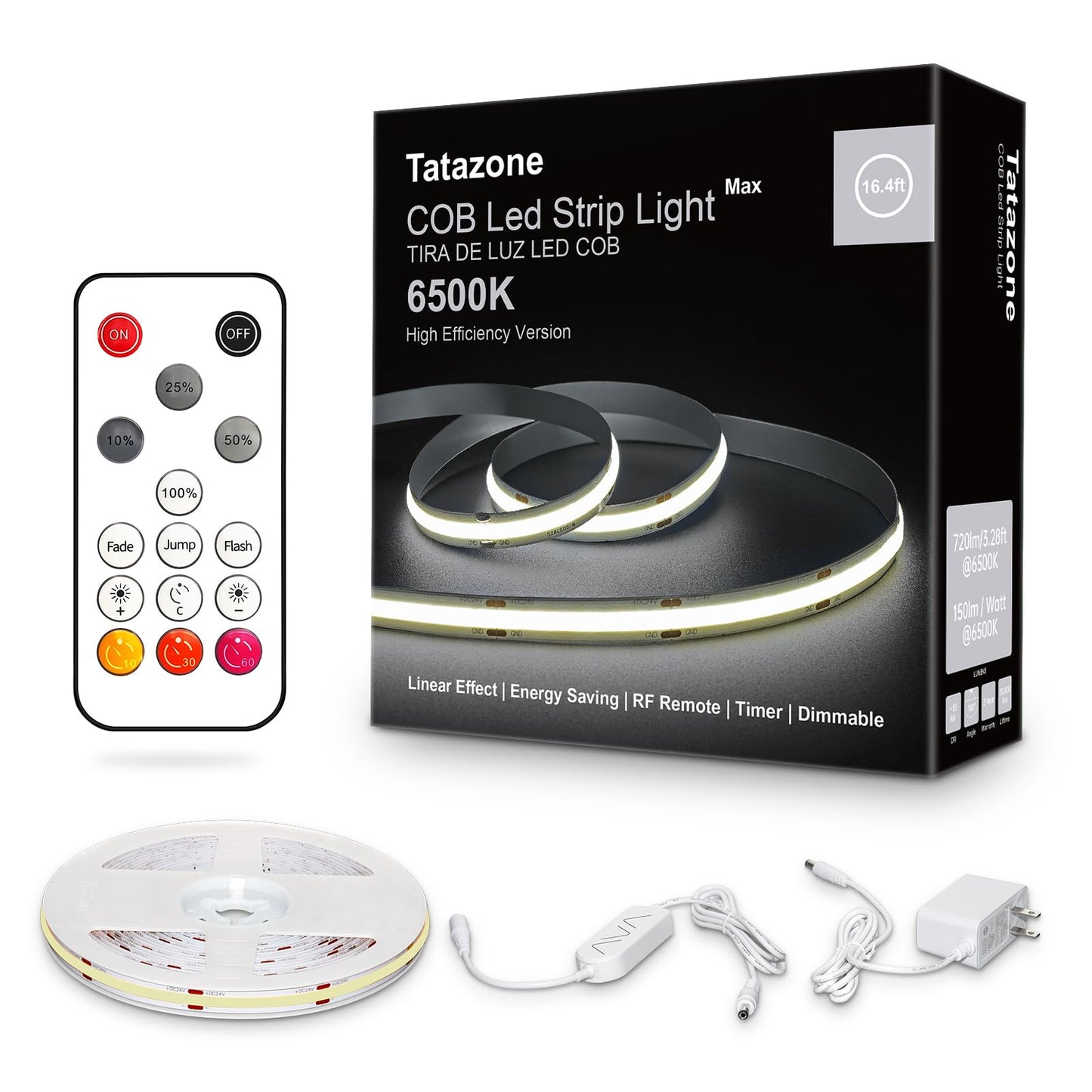 Tatazone White COB Led Strip Lights Max with RF Remote, 16.4ft 4000K CRI93+ Dimmable Ultra Bright Neutral White COB Light Strip, Indoor COB Led Lights for Mirror, Kitchen, Room, Cabinet, Closet