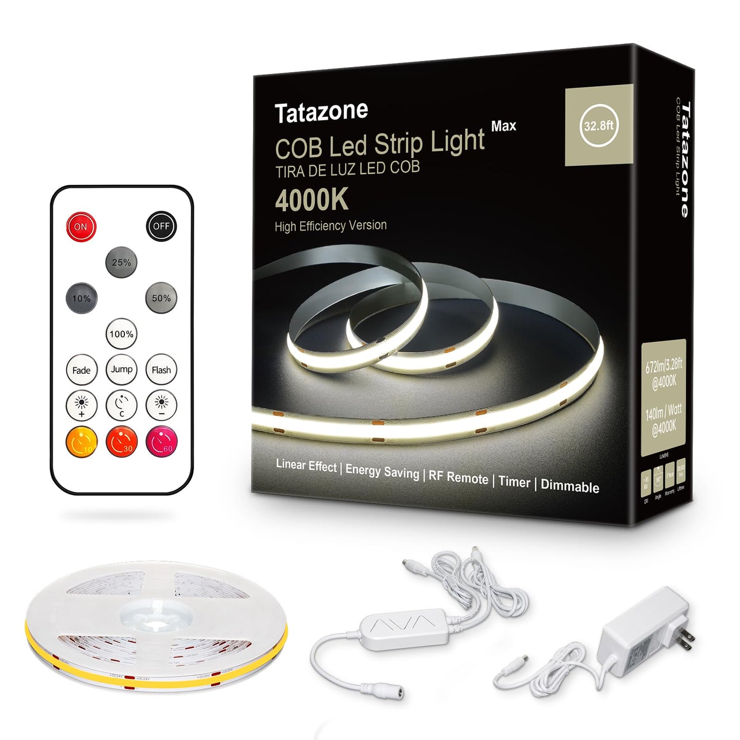 Tatazone White COB Led Strip Lights Max with RF Remote, 16.4ft 4000K CRI93+ Dimmable Ultra Bright Neutral White COB Light Strip, Indoor COB Led Lights for Mirror, Kitchen, Room, Cabinet, Closet