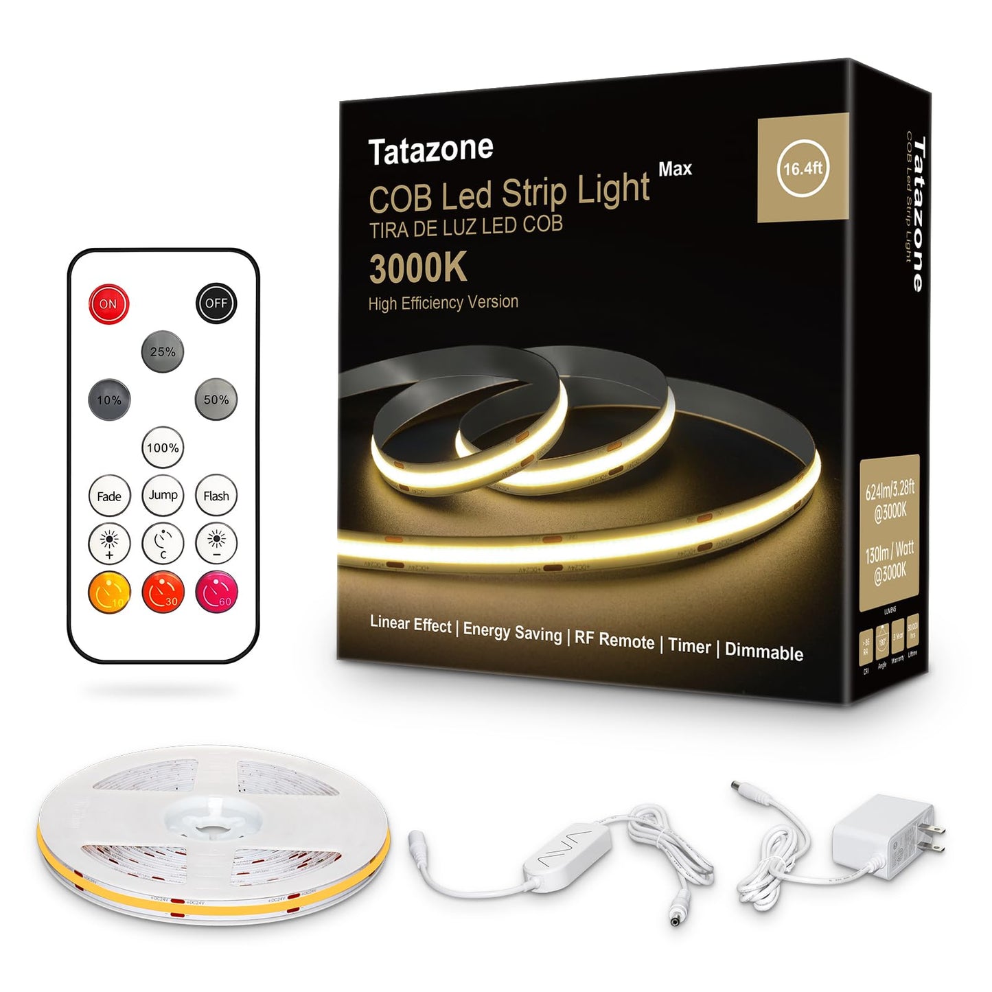 Tatazone White COB Led Strip Lights Max with RF Remote, 16.4ft 4000K CRI93+ Dimmable Ultra Bright Neutral White COB Light Strip, Indoor COB Led Lights for Mirror, Kitchen, Room, Cabinet, Closet
