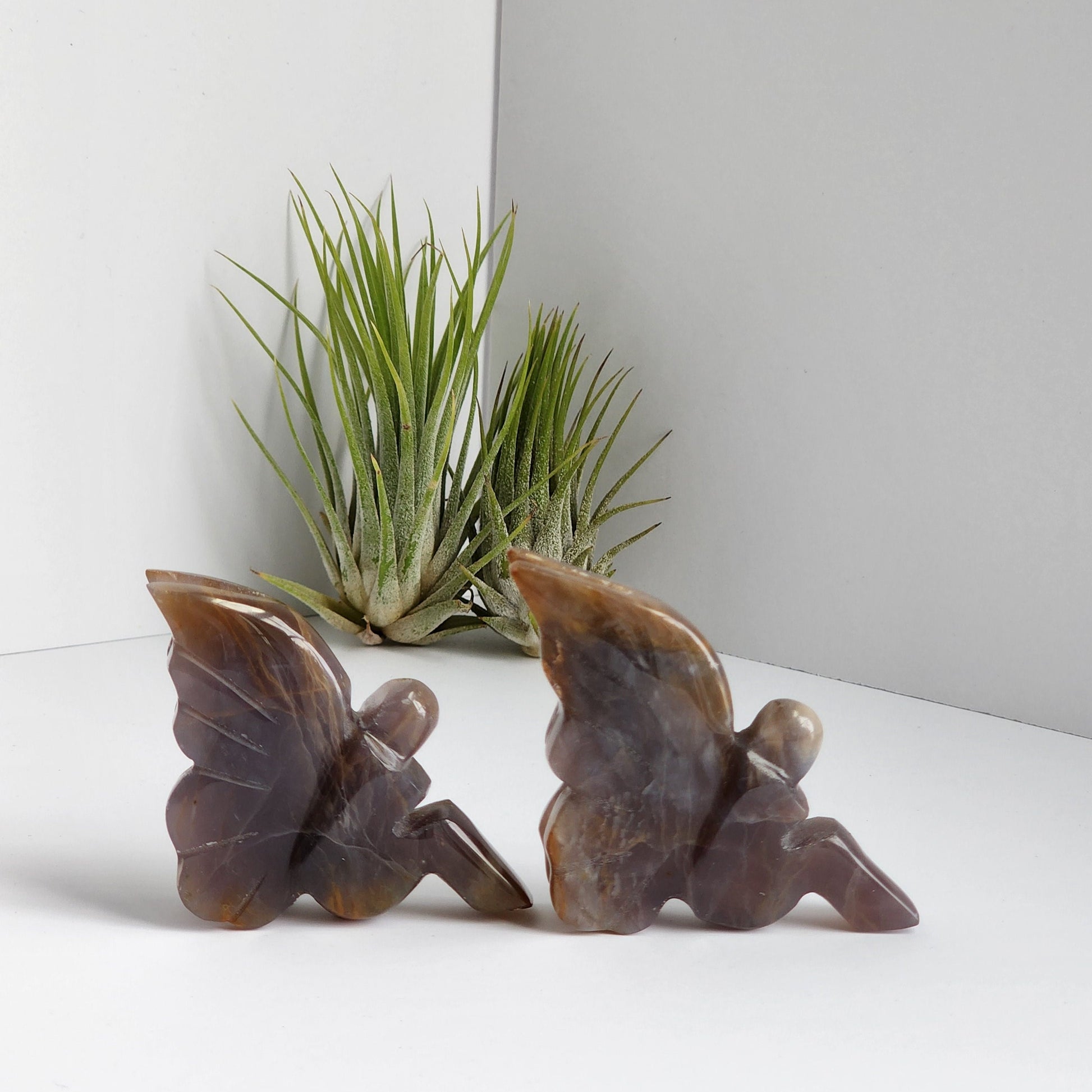 Earthy Chalcedony Fairy. NATURAL Crystal Sprite in Blue, Brown and Gold color. She can sit upright on your shelf. Choose Your Own Crystal!