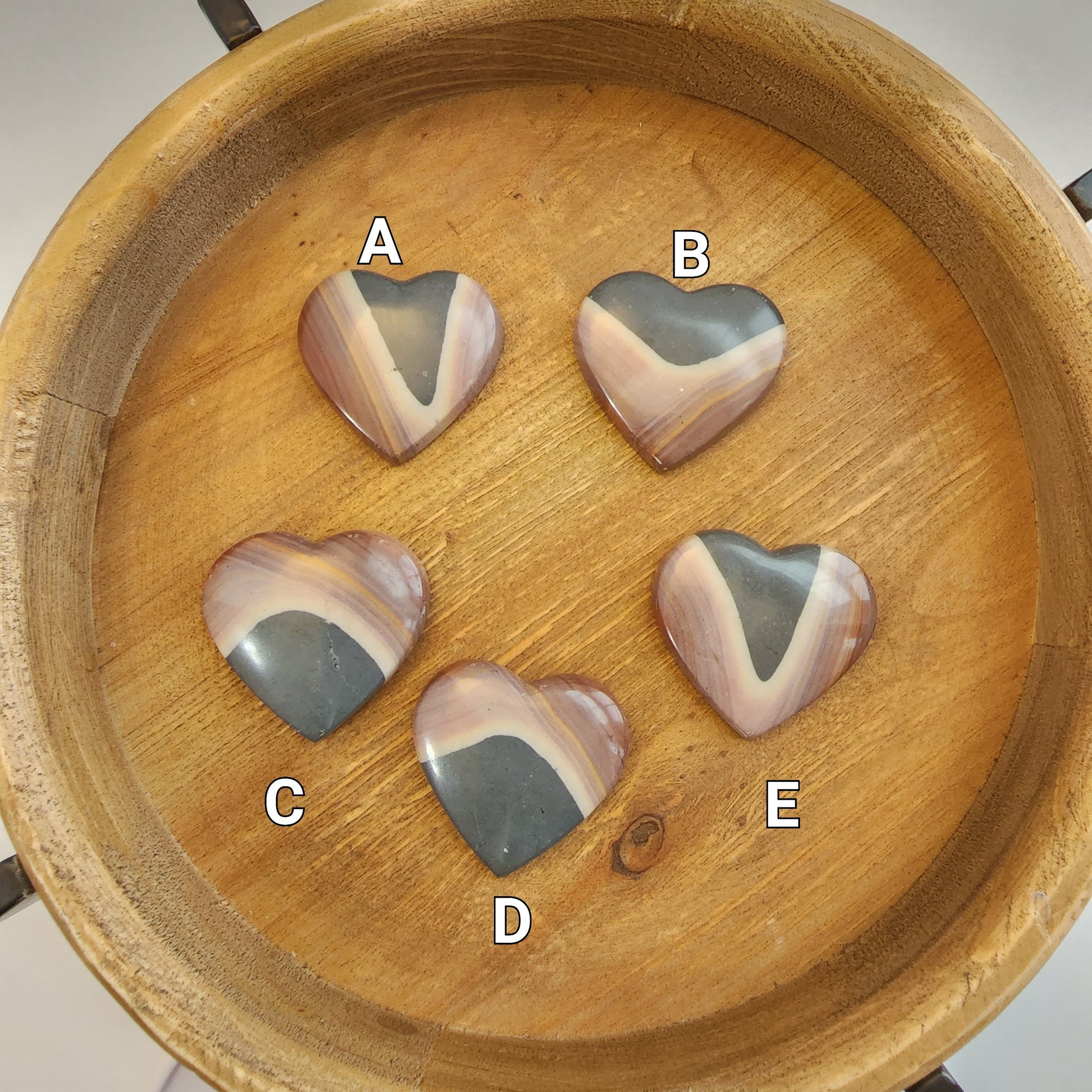 Polychrome Jasper Hearts. Gorgeous blue, yellow, pink, maeve, and purple banding. Beautiful Patterns. Choose Your Own Crystal!