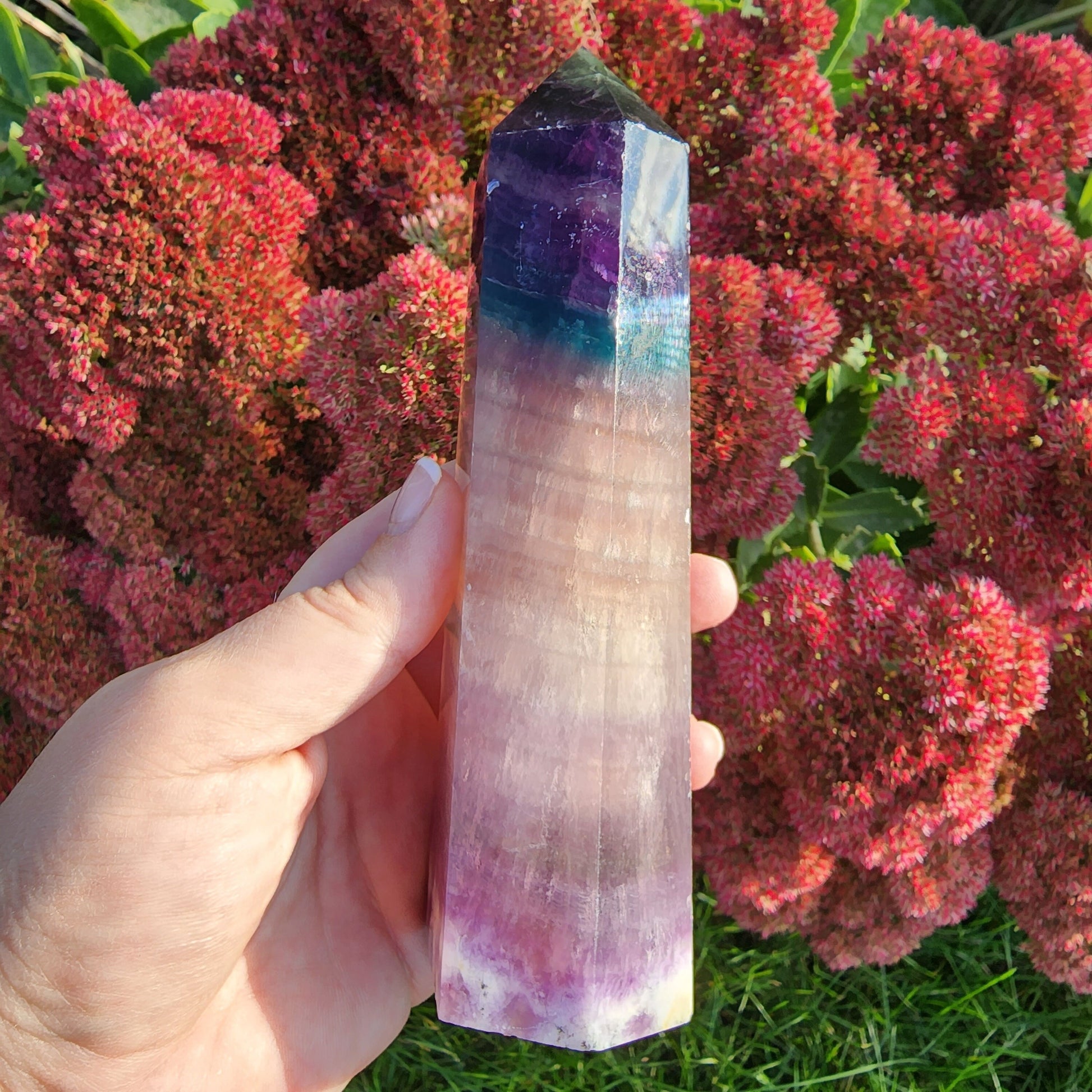 Large Rainbow Flourite Tower. Banded Purple, Green and Gray/white Point. Dark colors with a polka dot spotted bottom! (Imperfect)