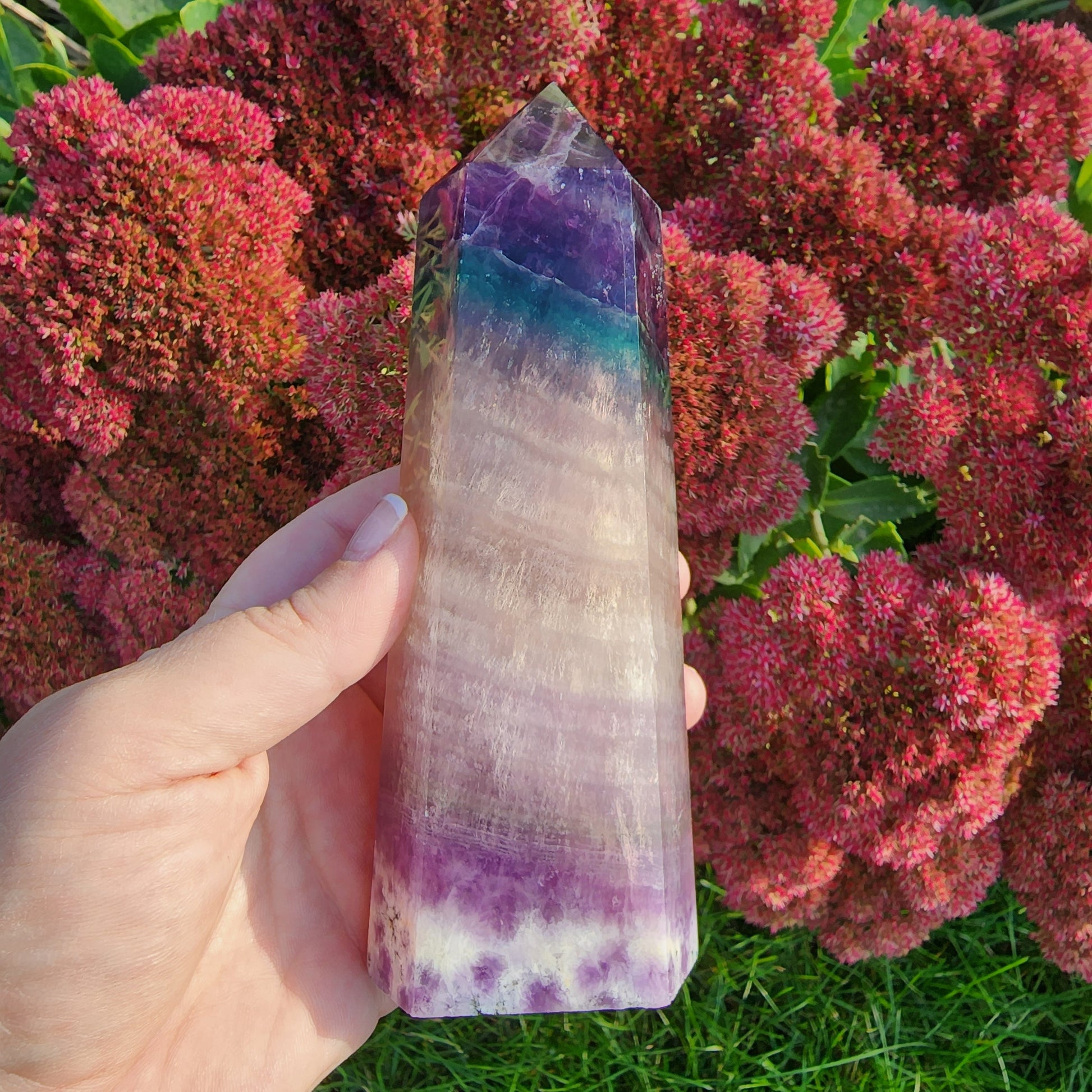 Large Rainbow Flourite Tower. Banded Purple, Green and Gray/white Point. Dark colors with a polka dot spotted bottom! (Imperfect)