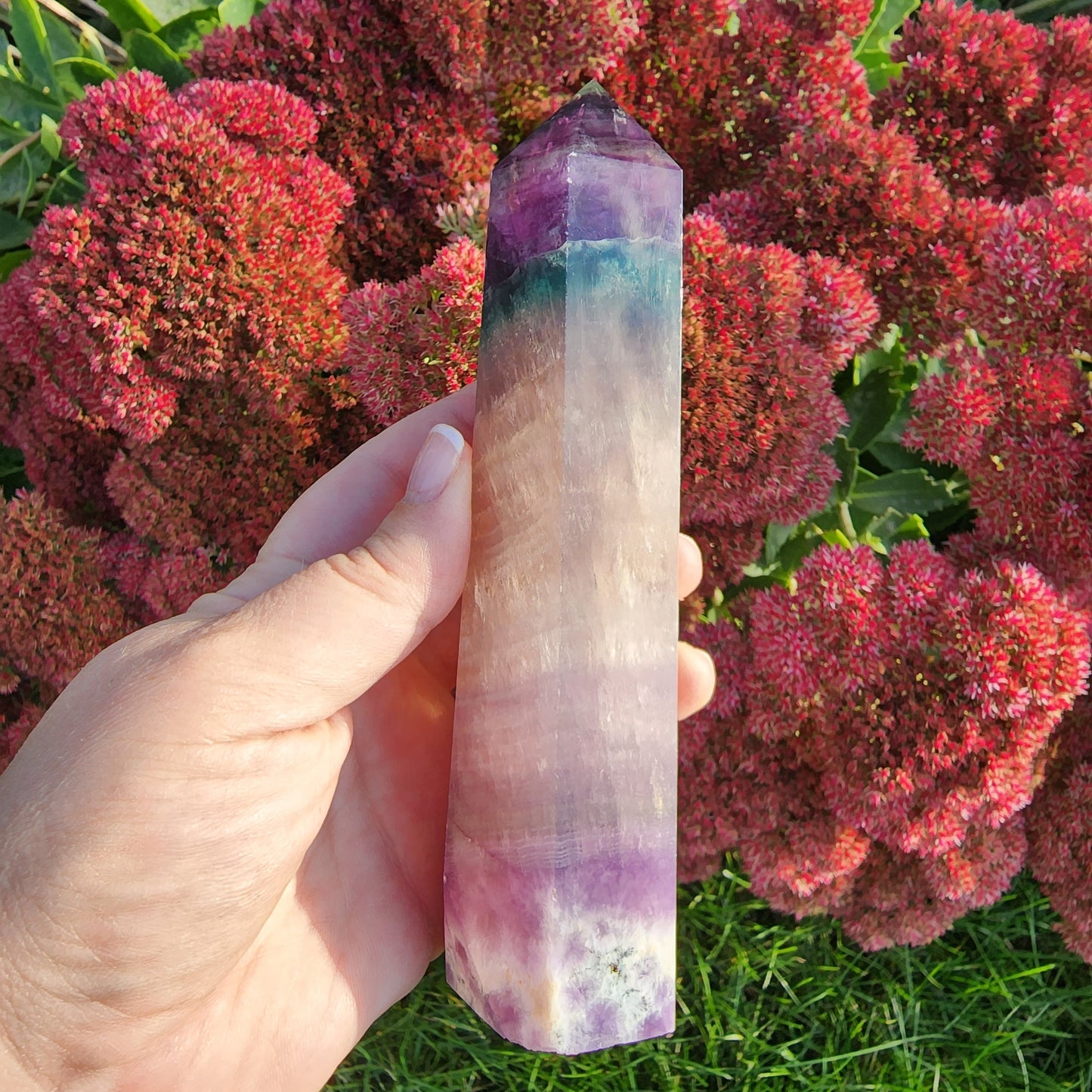 Large Rainbow Flourite Tower. Banded Purple, Green and Gray/white Point. Dark colors with a polka dot spotted bottom! (Imperfect)