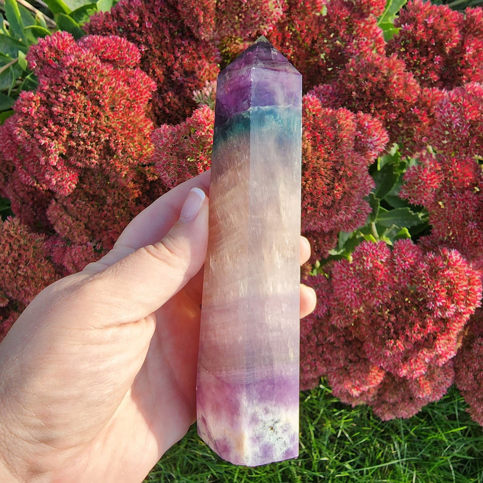 Large Rainbow Flourite Tower. Banded Purple, Green and Gray/white Point. Dark colors with a polka dot spotted bottom! (Imperfect)