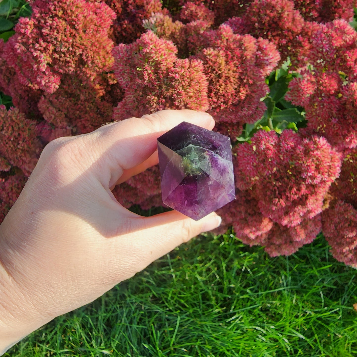 Large Rainbow Flourite Tower. Banded Purple, Green and Gray/white Point. Dark colors with a polka dot spotted bottom! (Imperfect)