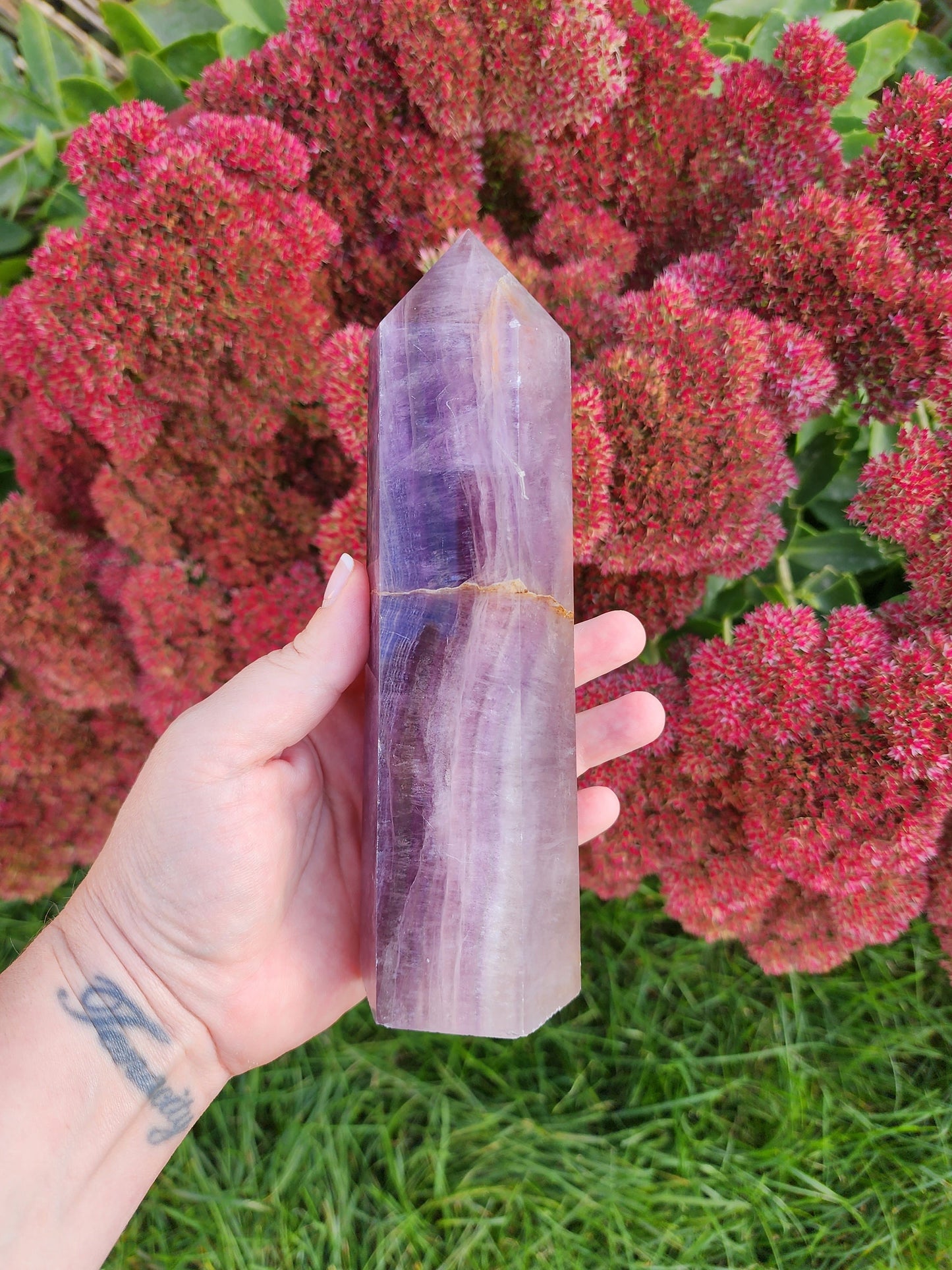 LARGE All Purple Flourite Tower. Small Natural vein of yellow with some rainbow. (Imperfect)