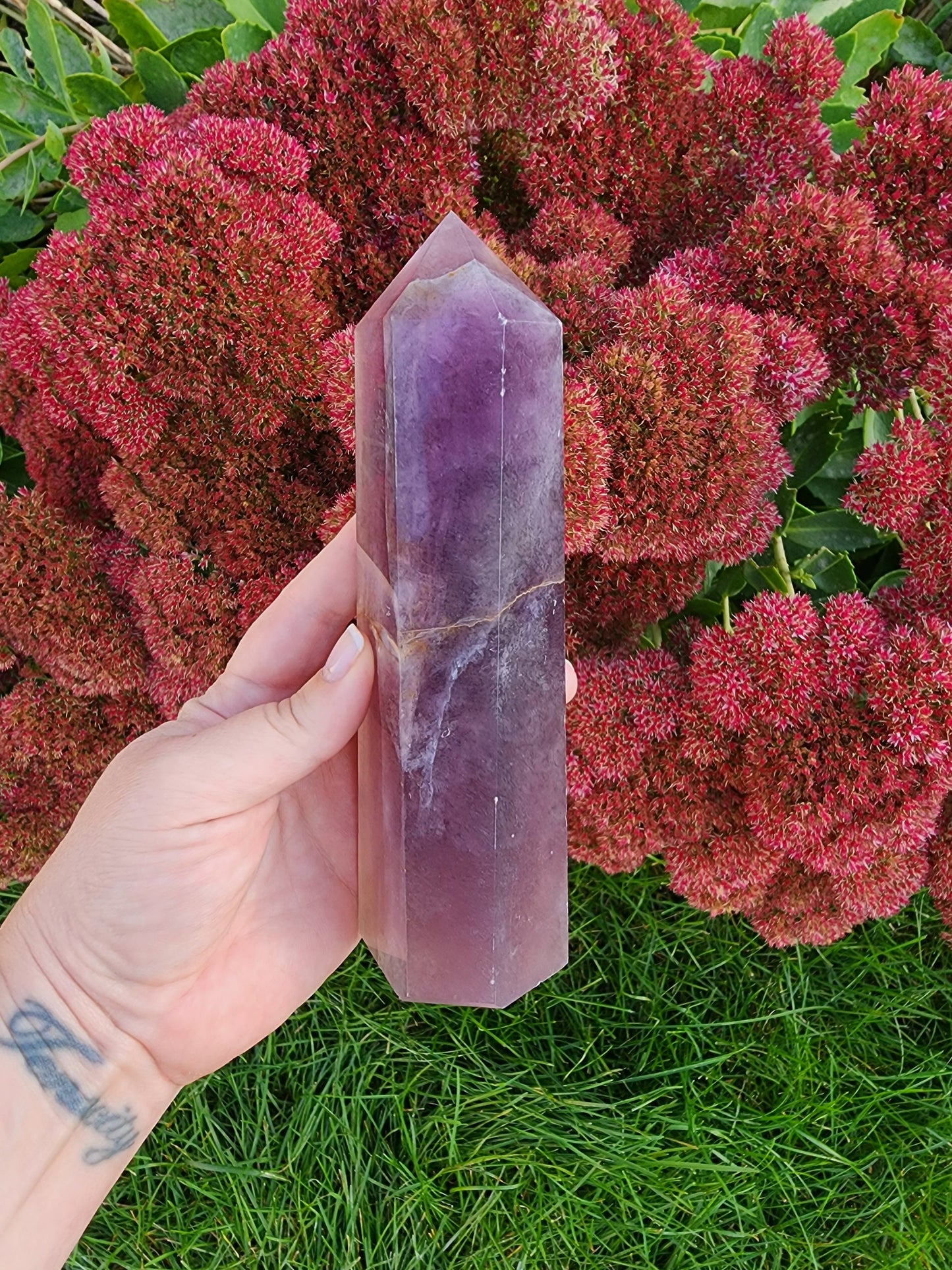 LARGE All Purple Flourite Tower. Small Natural vein of yellow with some rainbow. (Imperfect)