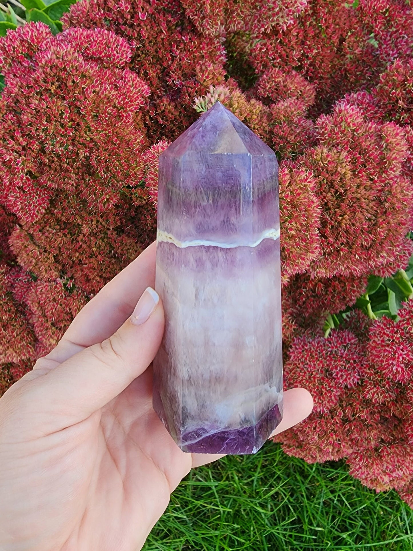 Large Rainbow Flourite Tower. Amazing White Band in the Middle with Strong Purple Coloring and Green Inclusions. (Imperfect)