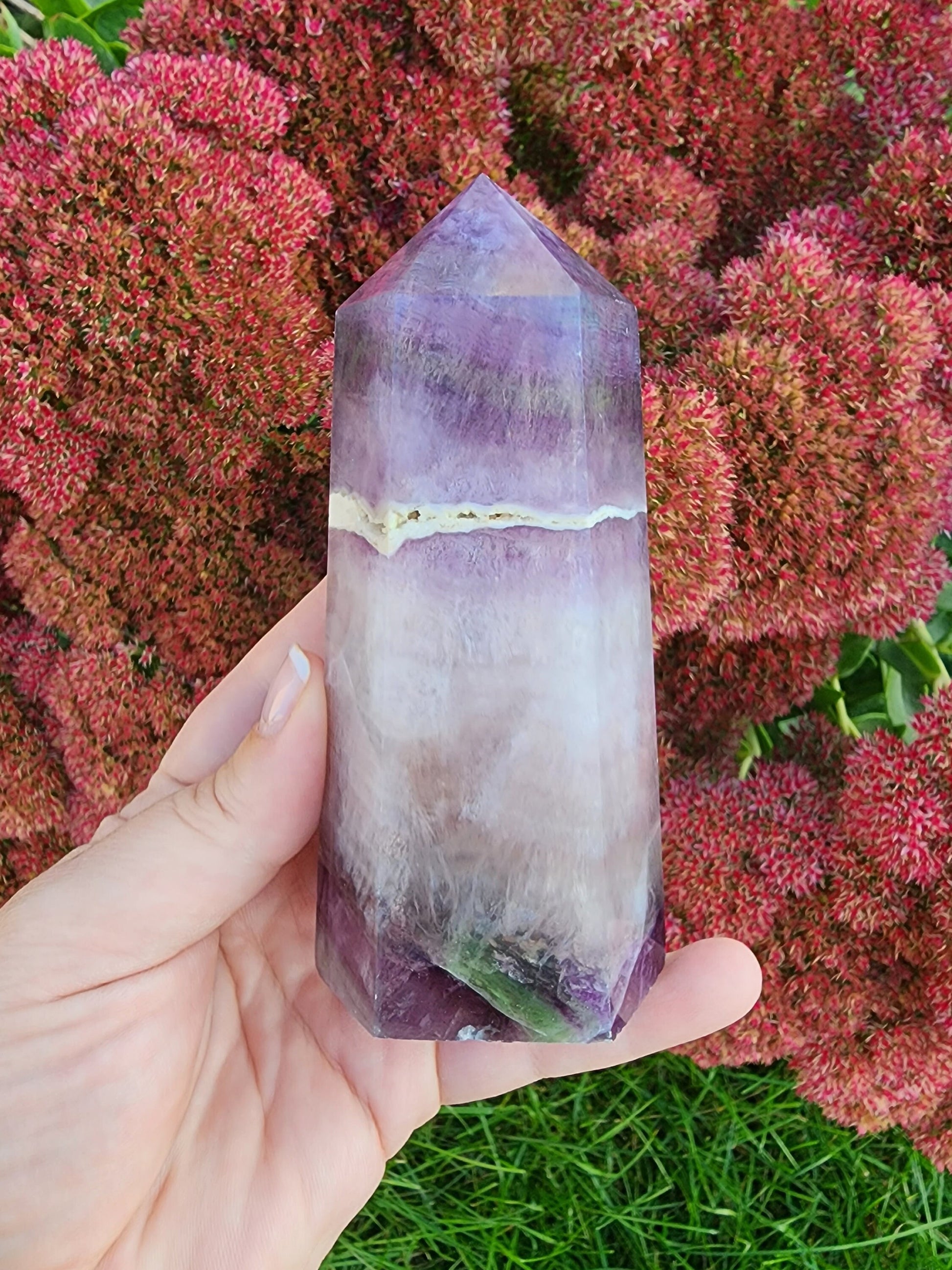 Large Rainbow Flourite Tower. Amazing White Band in the Middle with Strong Purple Coloring and Green Inclusions. (Imperfect)