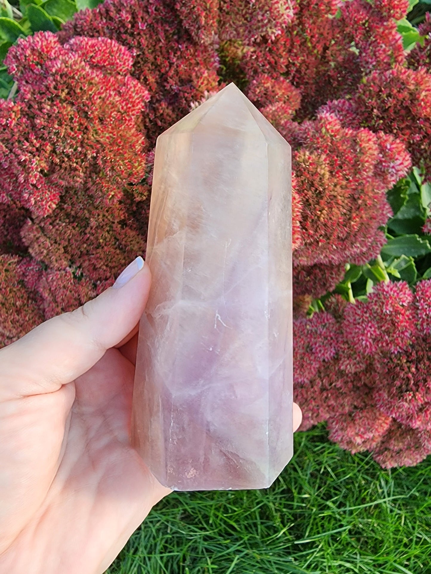 Flourite Tower. Translucent Lilac and Gray Banding. Chunky Gray. Medium Height. (Imperfect)