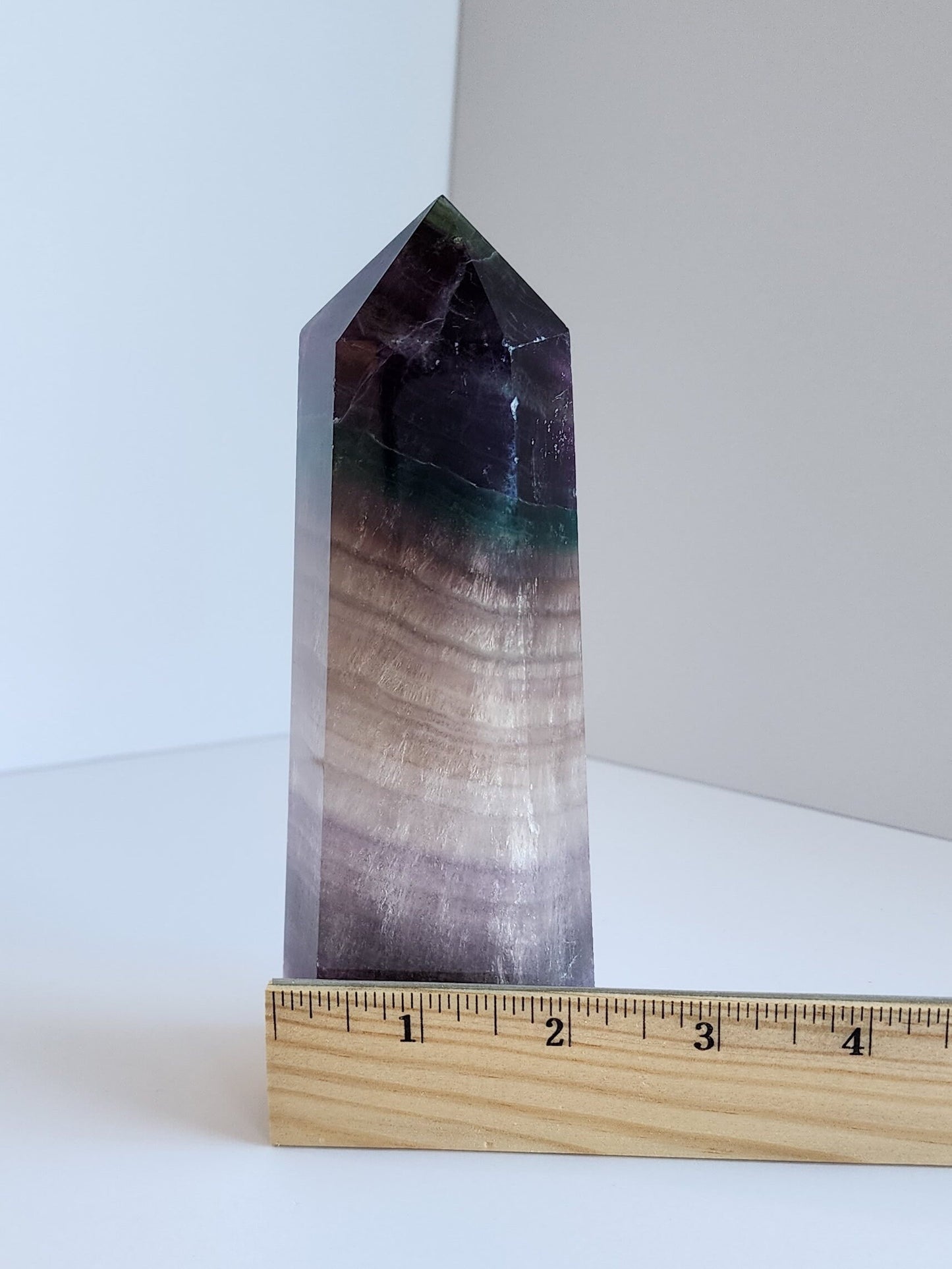 Large Rainbow Flourite Tower. Banded Purple, Green and Gray/white Point. Dark colors with a polka dot spotted bottom! (Imperfect)