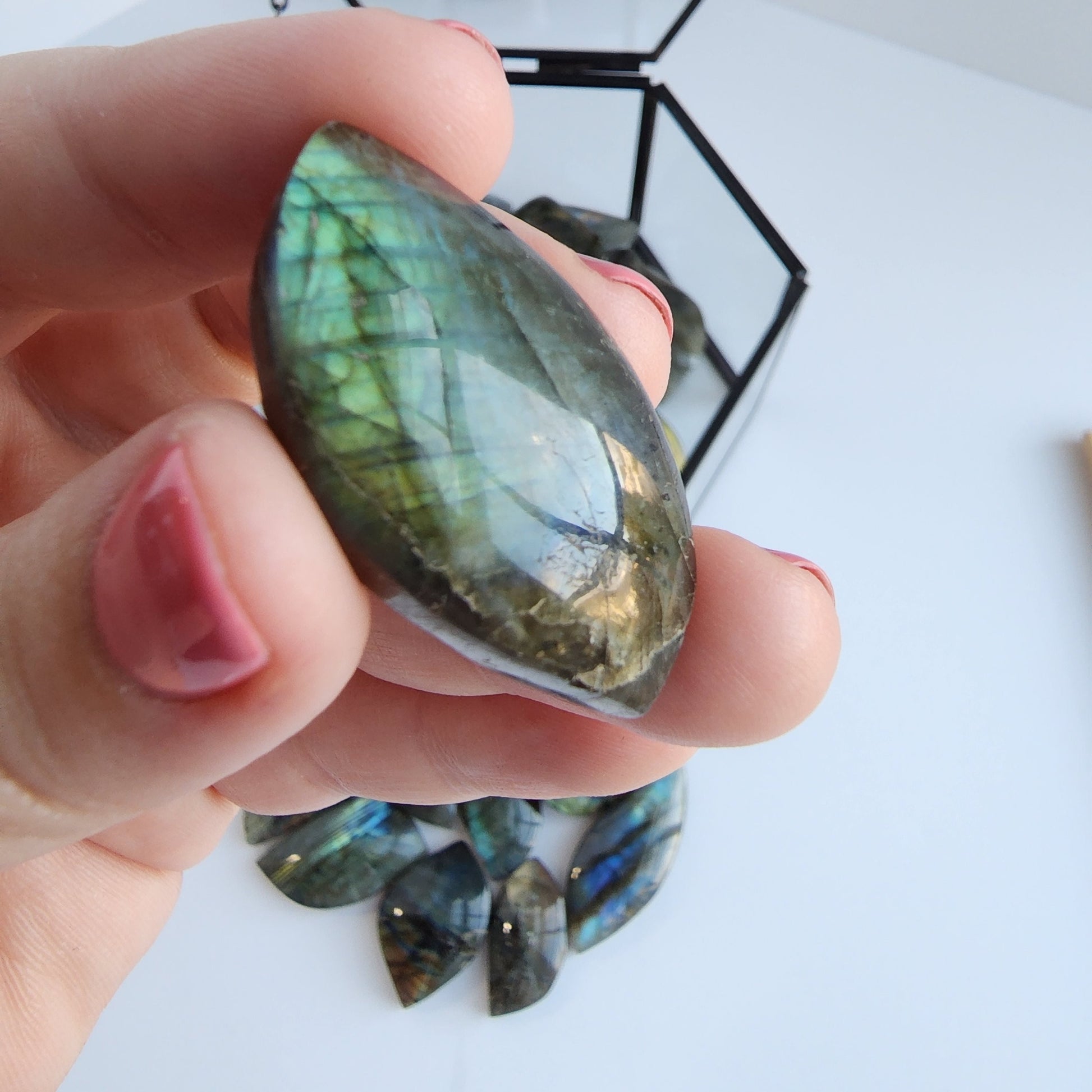 Labradorite Leaf Carvings. Smaller with good flash or larger medium flash. Intuitively Chosen!