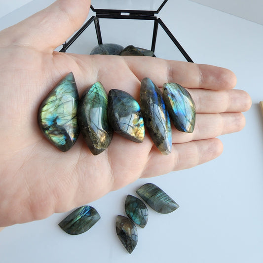 Labradorite Leaf Carvings. Smaller with good flash or larger medium flash. Intuitively Chosen!