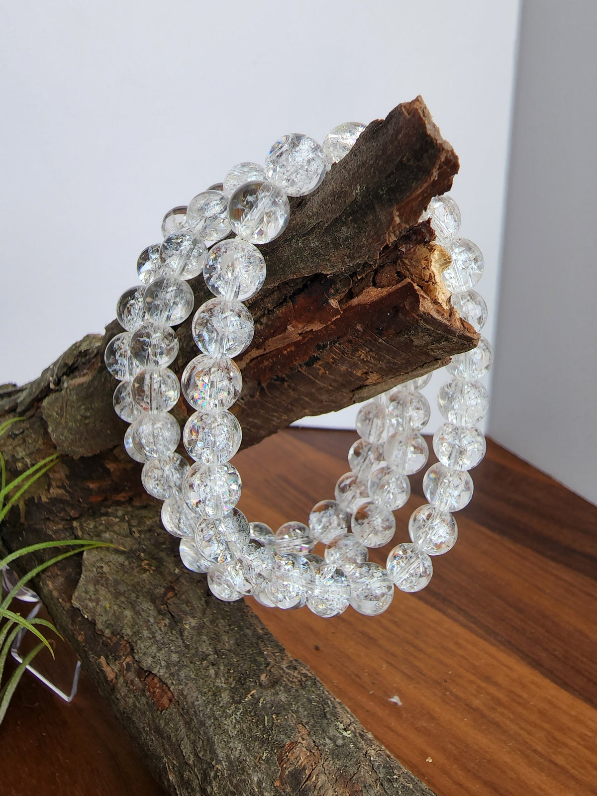 Clear Crackle Quartz Bracelet: Around 8MM Crystal Bead Bracelet with Rainbows & Sparkle