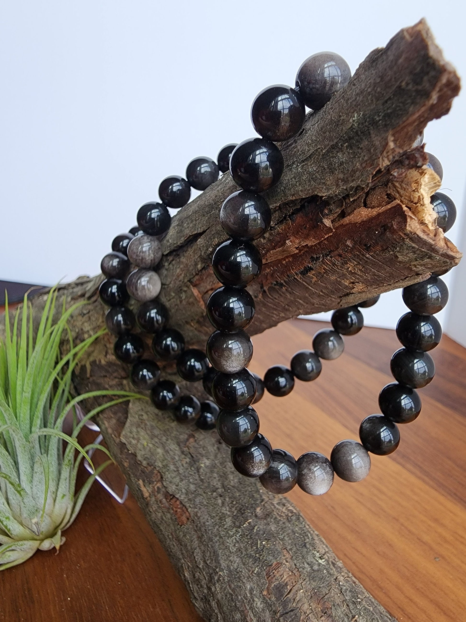 Silver Sheen Obsidian Bracelet | Black Obsidian | Stretchy with Silver Flash 8MM Beads | Intuitively Chosen