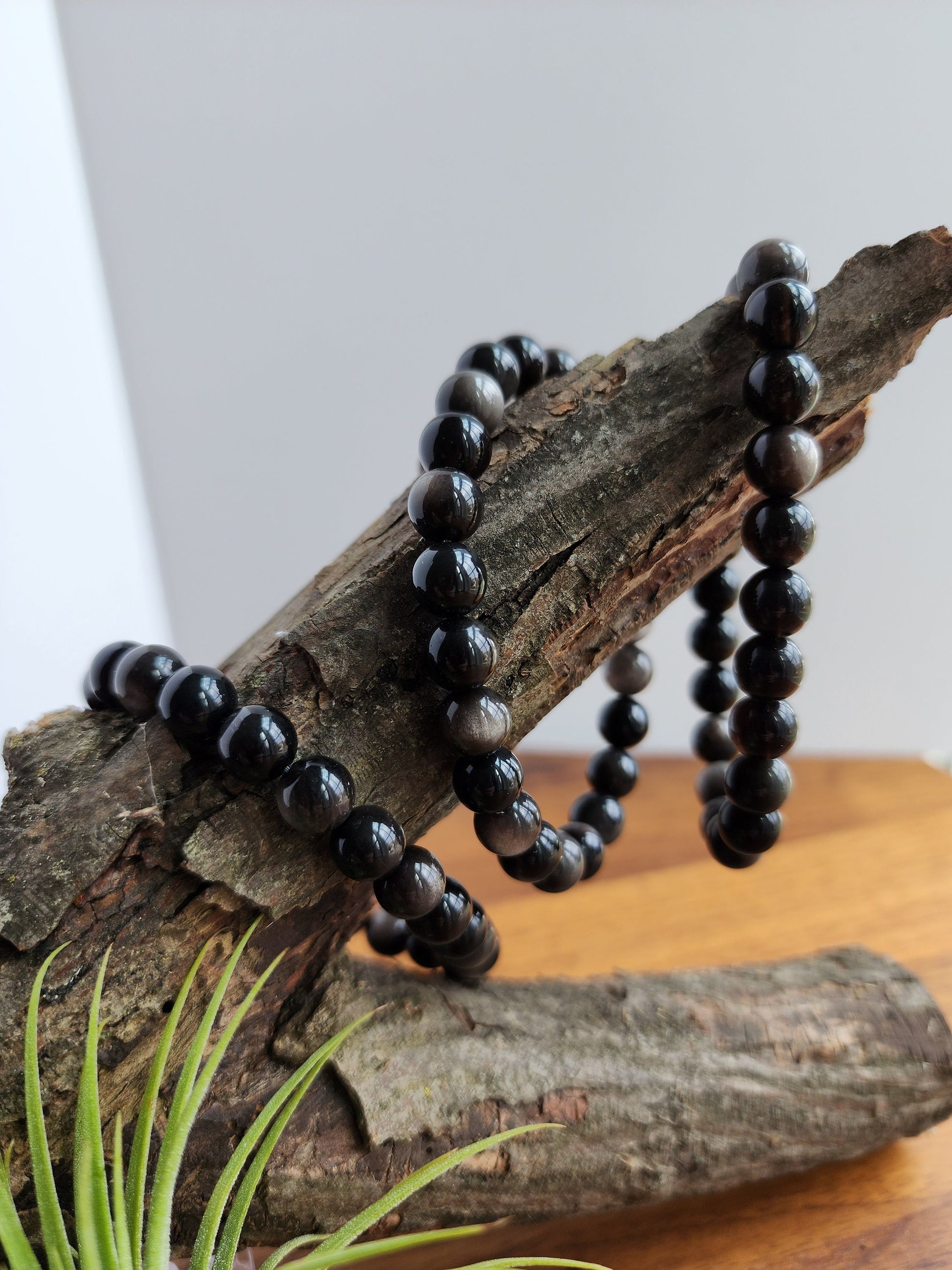 Silver Sheen Obsidian Bracelet | Black Obsidian | Stretchy with Silver Flash 8MM Beads | Intuitively Chosen