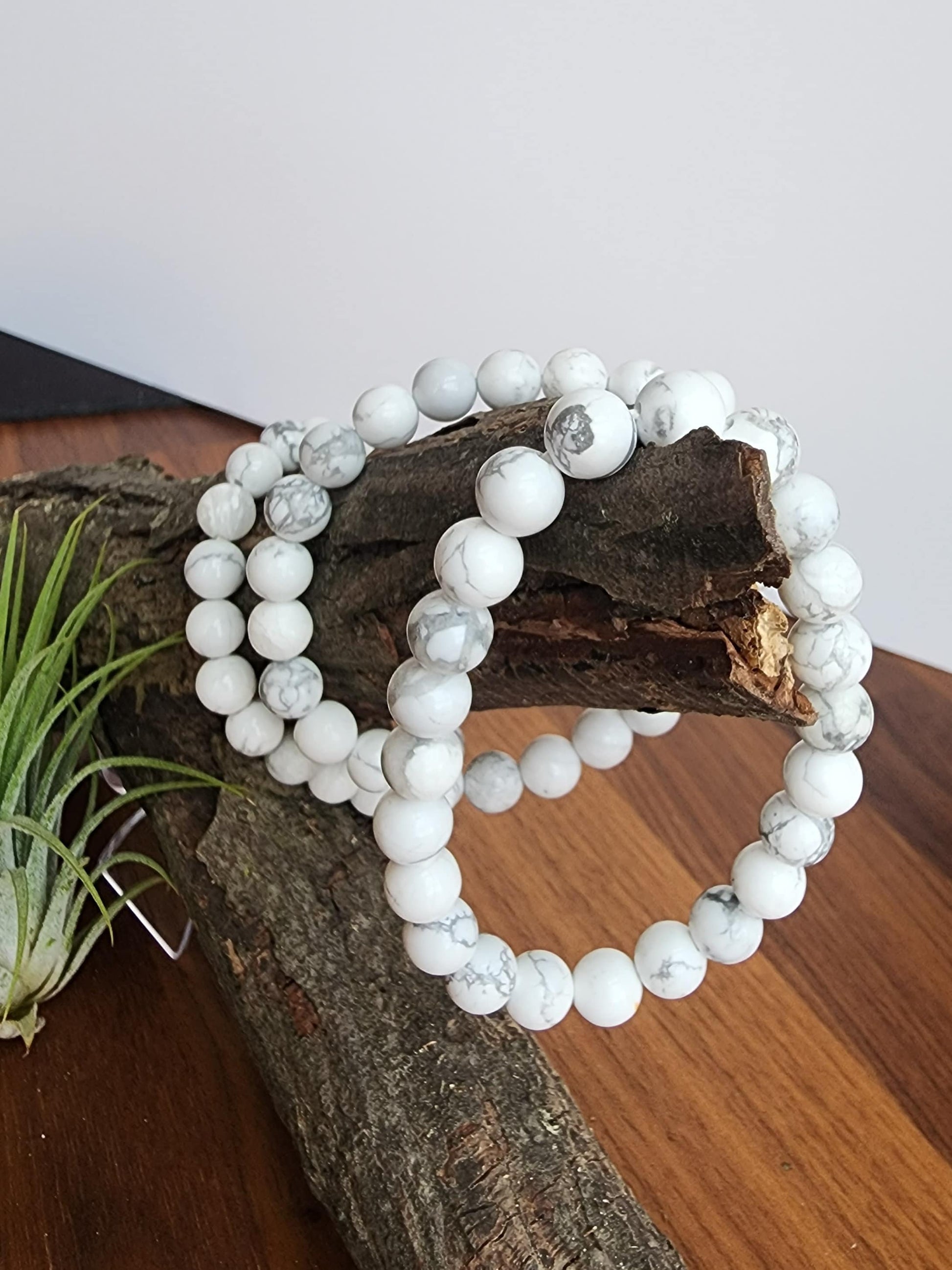 Howlite Bracelet | White with Gray Marbling | Stretchy with 8MM Beads | Intuitively Chosen