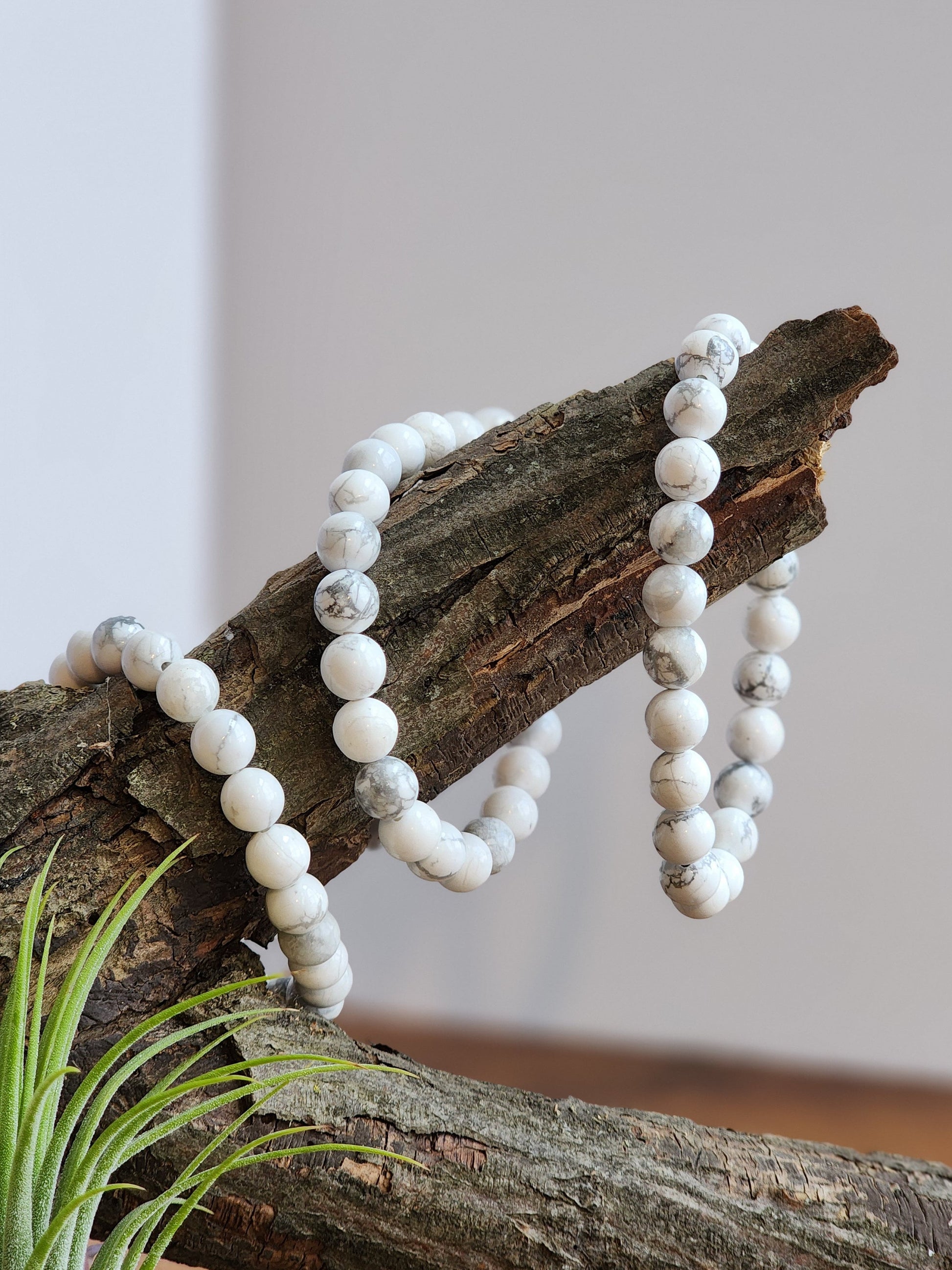 Howlite Bracelet | White with Gray Marbling | Stretchy with 8MM Beads | Intuitively Chosen