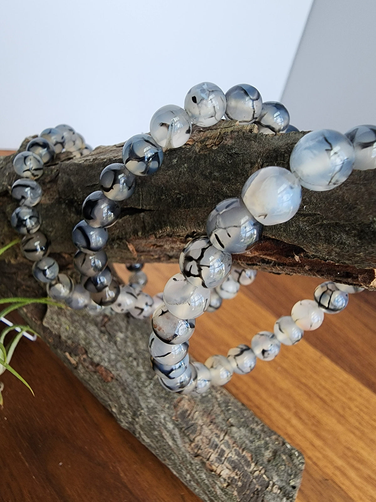 Dragon Lace Agate Bracelet: 7.5MM Translucent Blue Crystal with Black Veins and Webbing | Cloudy Gray Patterned Unique Jewelry | Goth Vibes