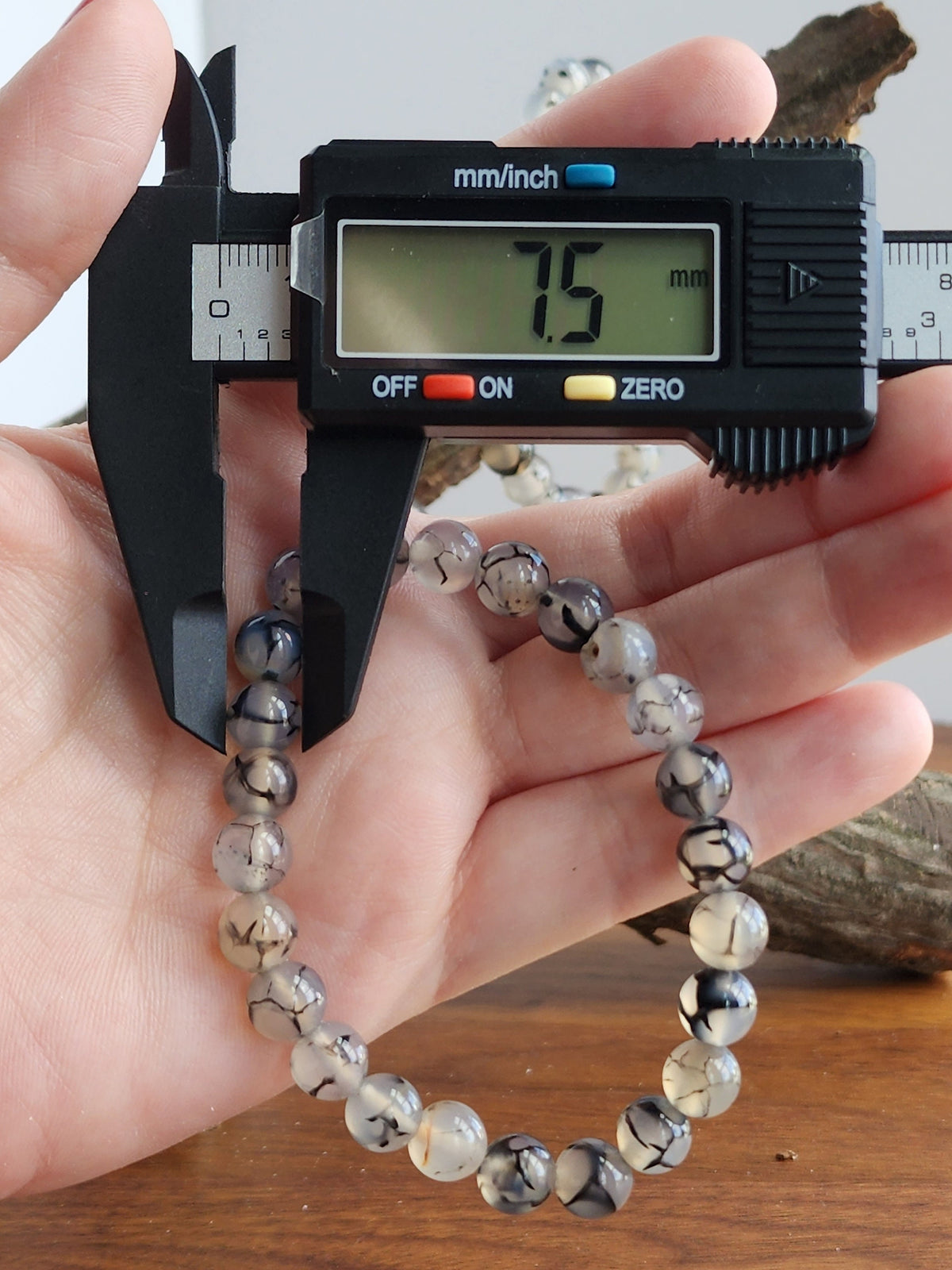 Dragon Lace Agate Bracelet: 7.5MM Translucent Blue Crystal with Black Veins and Webbing | Cloudy Gray Patterned Unique Jewelry | Goth Vibes
