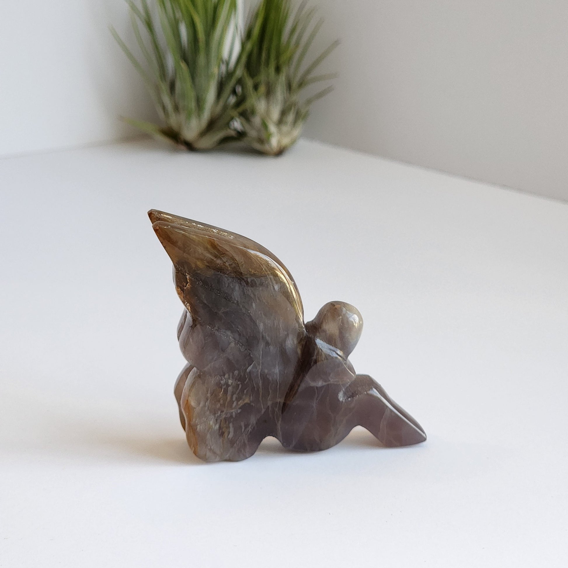 Earthy Chalcedony Fairy. NATURAL Crystal Sprite in Blue, Brown and Gold color. She can sit upright on your shelf. Choose Your Own Crystal!