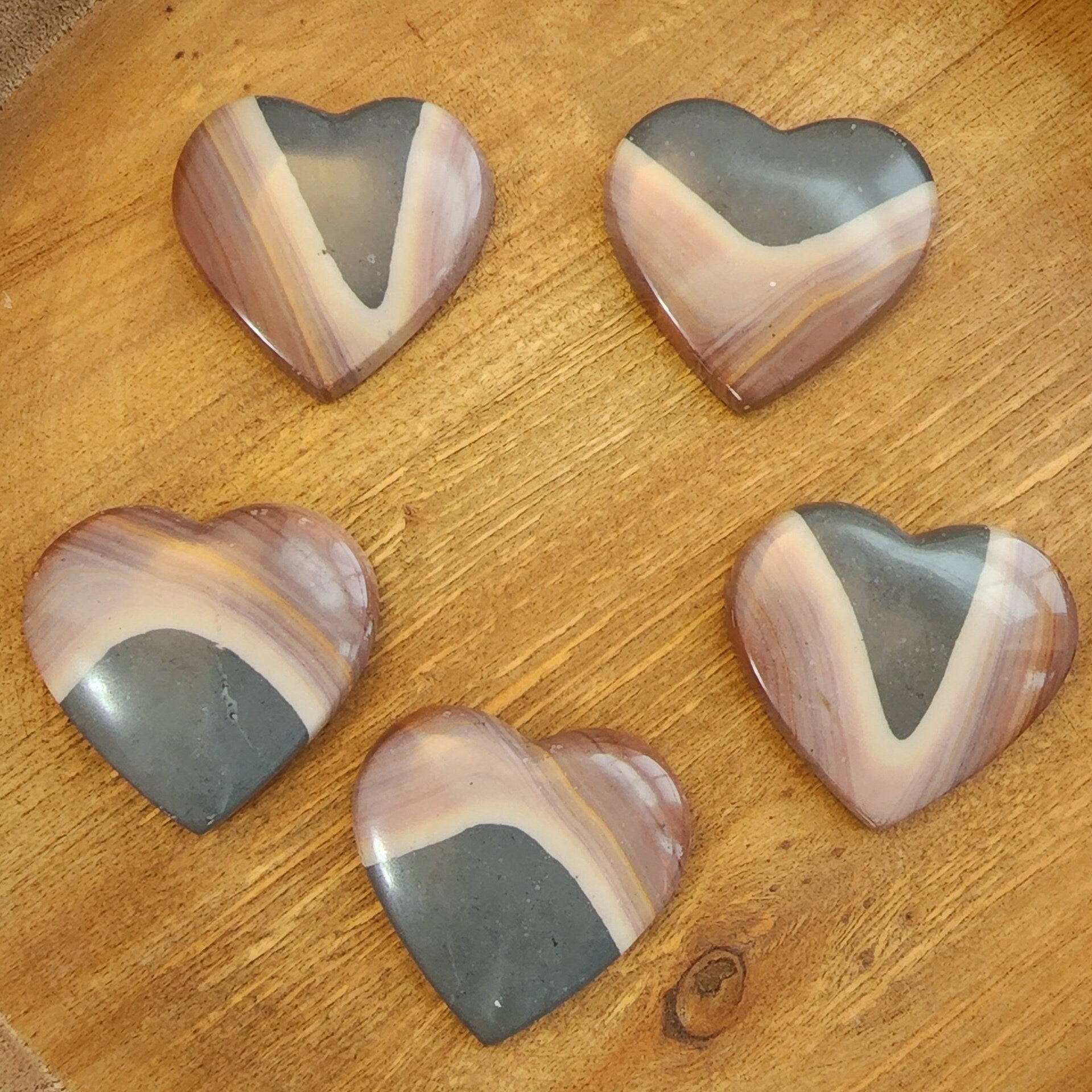 Polychrome Jasper Hearts. Gorgeous blue, yellow, pink, maeve, and purple banding. Beautiful Patterns. Choose Your Own Crystal!