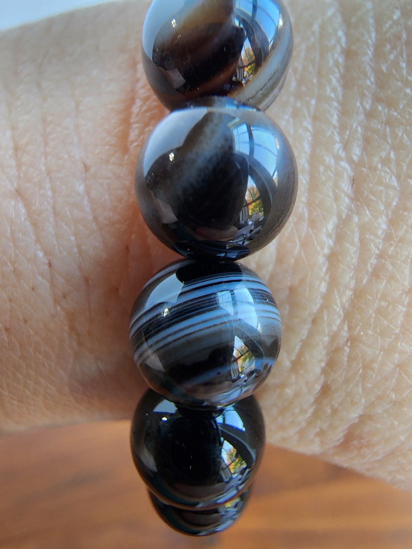 Black Agate Bracelet | Striped Sardonyx Agate | White & Coffee Banded Patterns | 8MM Crystal Beads on Stretch Bracelet | Intuitively Chosen