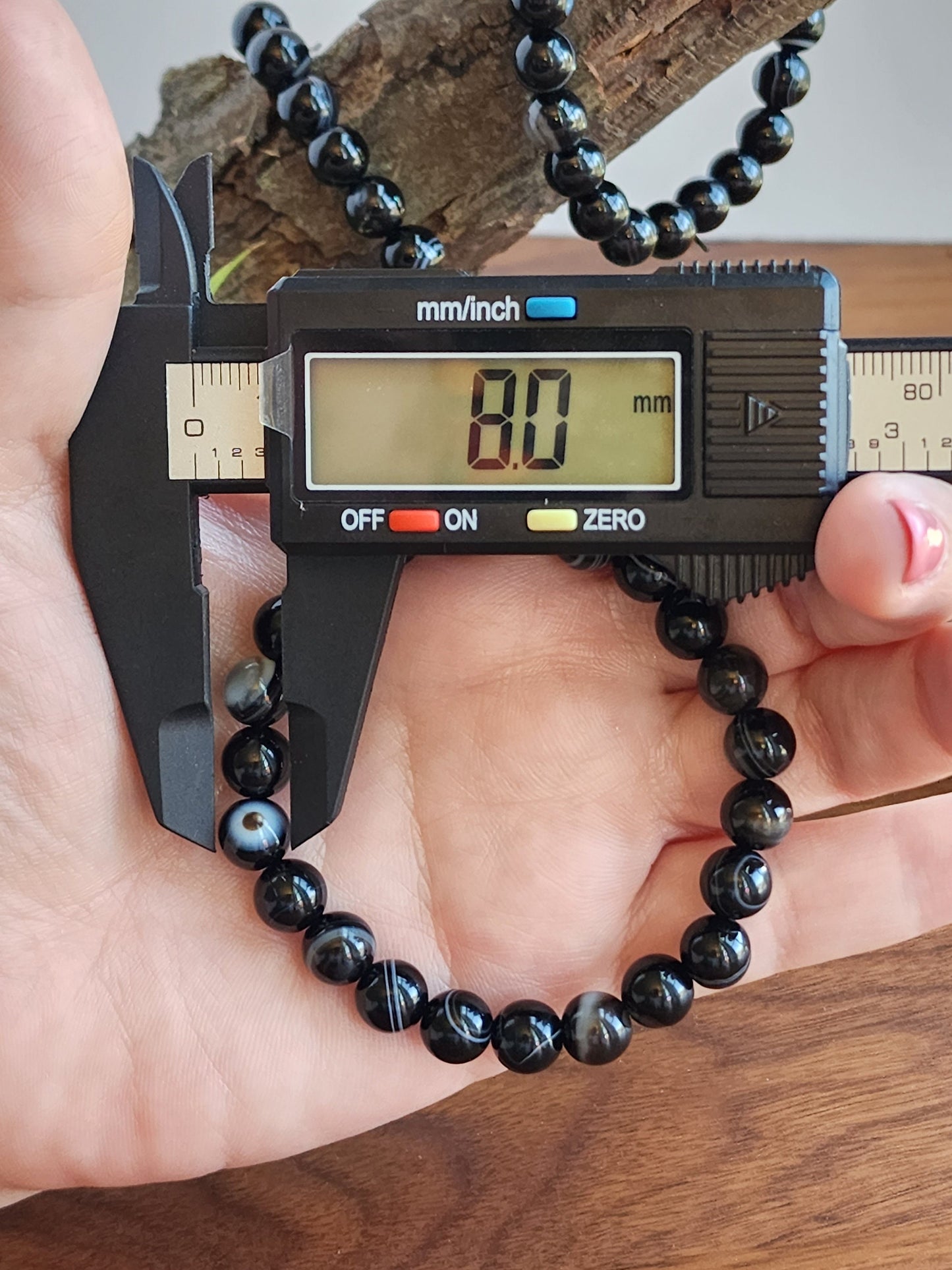 Black Agate Bracelet | Striped Sardonyx Agate | White & Coffee Banded Patterns | 8MM Crystal Beads on Stretch Bracelet | Intuitively Chosen