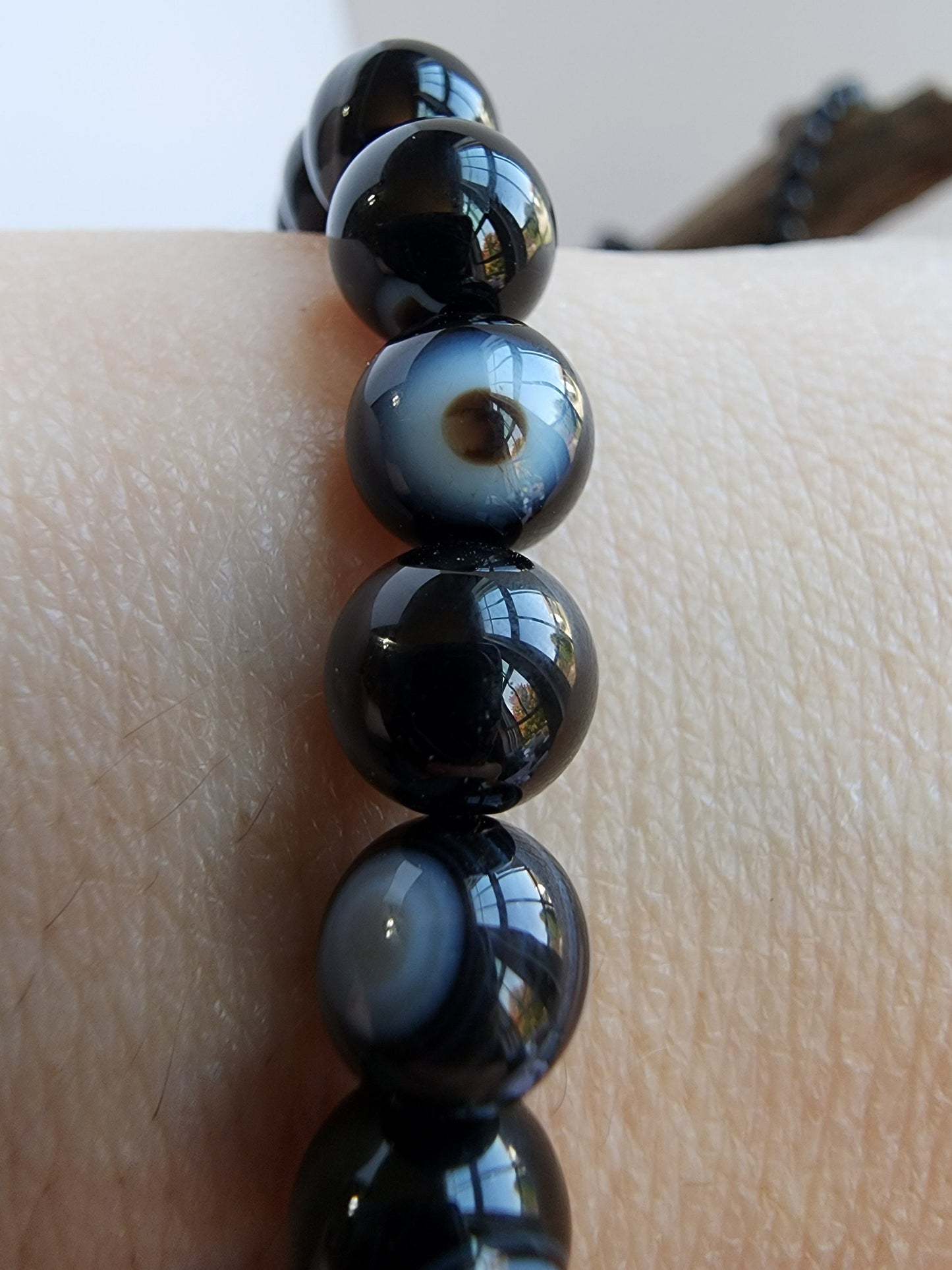 Black Agate Bracelet | Striped Sardonyx Agate | White & Coffee Banded Patterns | 8MM Crystal Beads on Stretch Bracelet | Intuitively Chosen