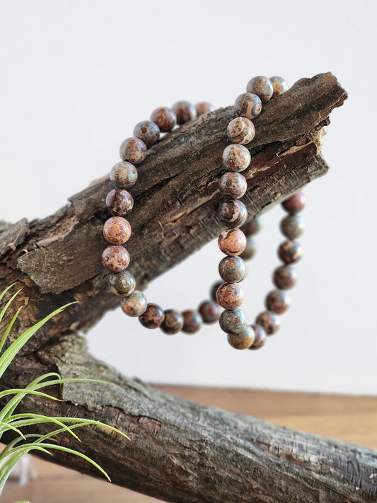 Leopardite Safari Jasper | 8MM Crystal Bracelet | Jaguar or Leopard Skin Jasper in Maueve Pink, Rainforest Yellow with Spotted Patterns