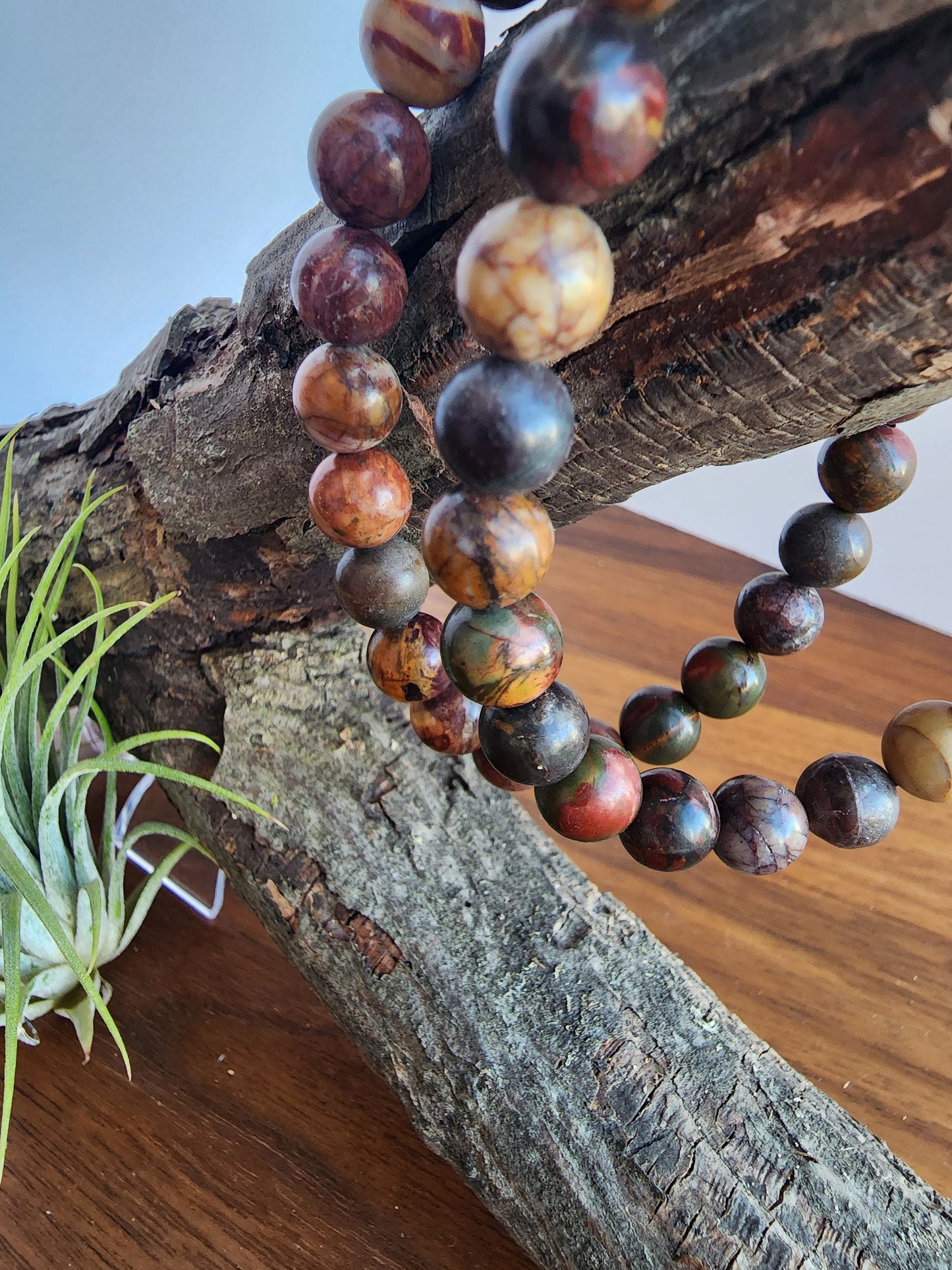 Colorful Picasso Jasper | 8MM Crystal Bracelet | Yule Red, Forest Green, Autumn Yellow & Maroon Berry Shades | Great add to Autumn Outfits