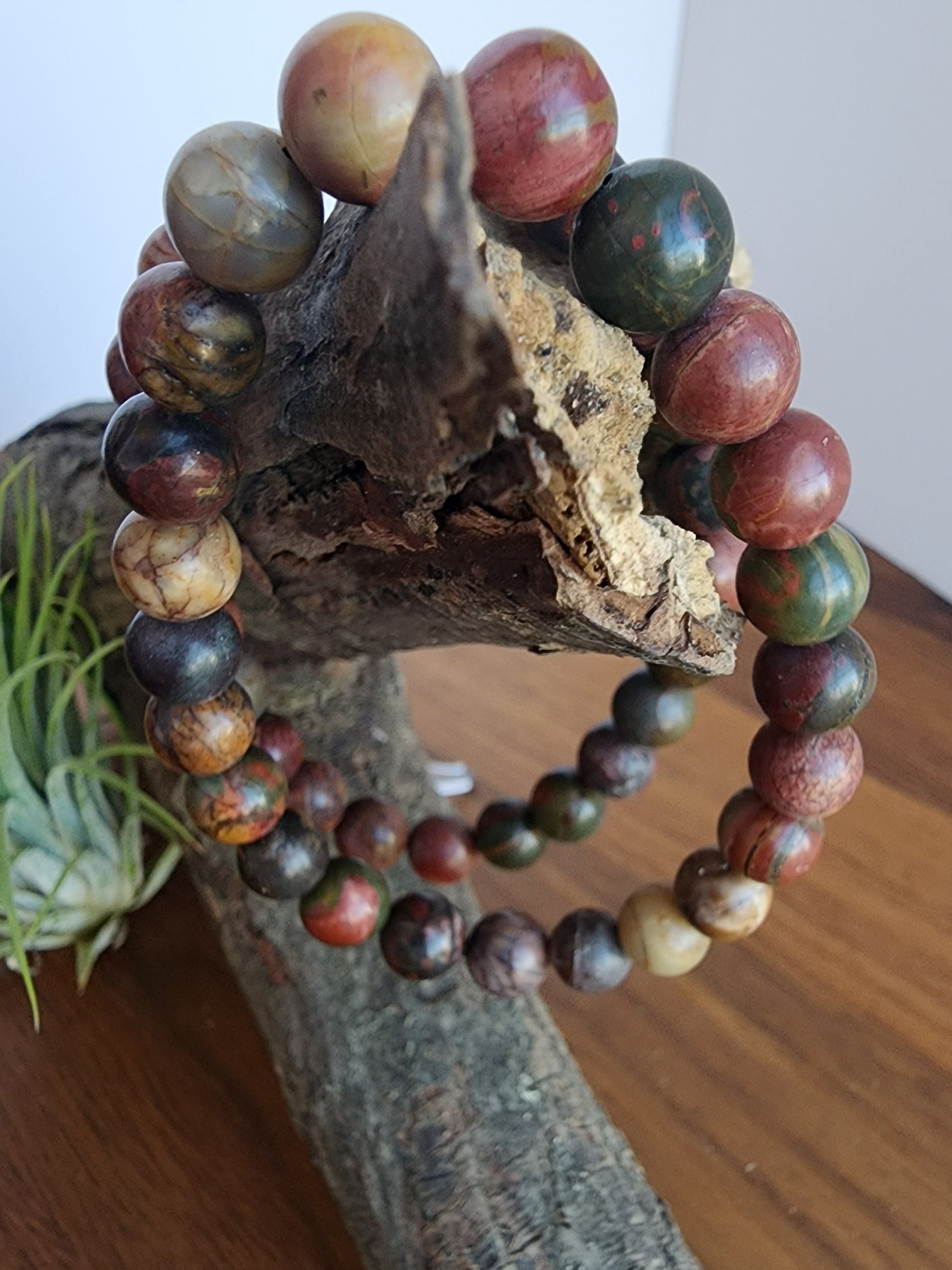 Colorful Picasso Jasper | 8MM Crystal Bracelet | Yule Red, Forest Green, Autumn Yellow & Maroon Berry Shades | Great add to Autumn Outfits