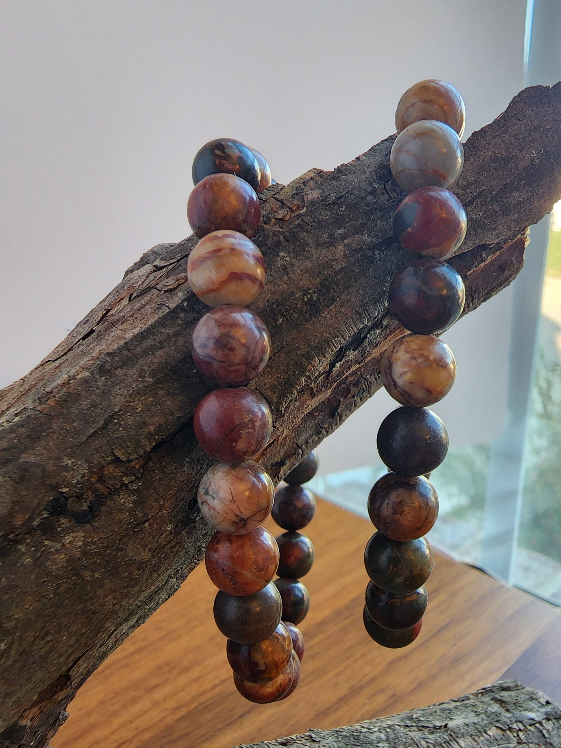 Colorful Picasso Jasper | 8MM Crystal Bracelet | Yule Red, Forest Green, Autumn Yellow & Maroon Berry Shades | Great add to Autumn Outfits