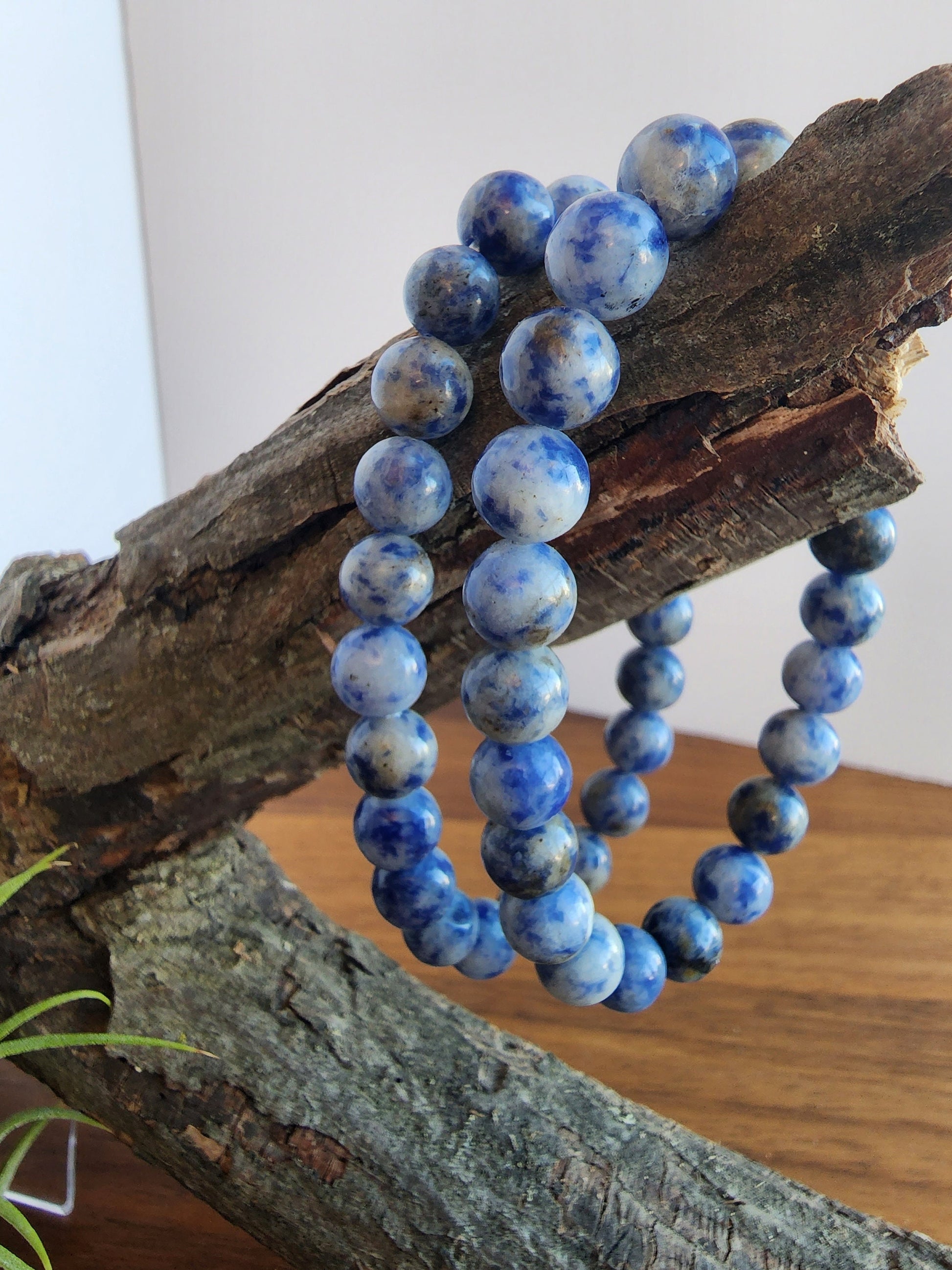 Blue Spotted Jasper | 8MM Crystal Bracelet | Beautiful Blue, White, Black & Gray Patterned Beads on Stretchy Band | Winter Confetti Add On