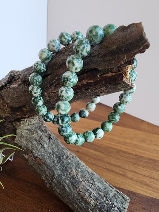 Tree Agate Bracelet | 7.5 MM Crystal Beads | Green Spotted | China Jade | Like a winter forest covered in snow for the holidays