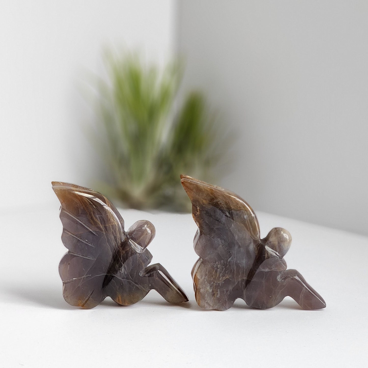 Earthy Chalcedony Fairy. NATURAL Crystal Sprite in Blue, Brown and Gold color. She can sit upright on your shelf. Choose Your Own Crystal!