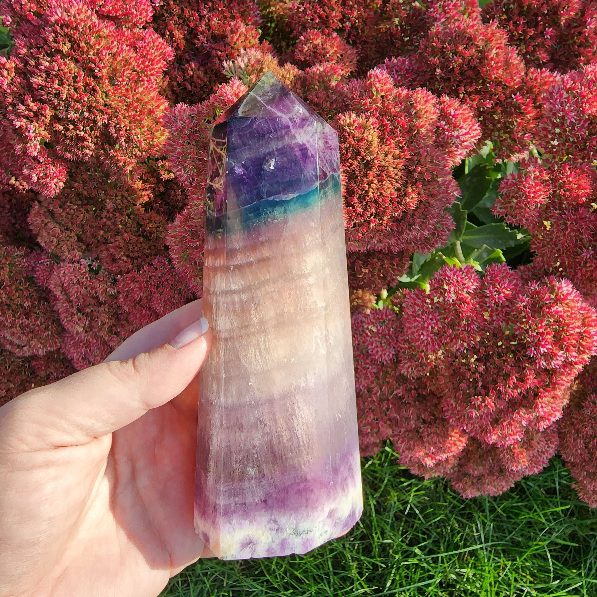 Large Rainbow Flourite Tower. Banded Purple, Green and Gray/white Point. Dark colors with a polka dot spotted bottom! (Imperfect)