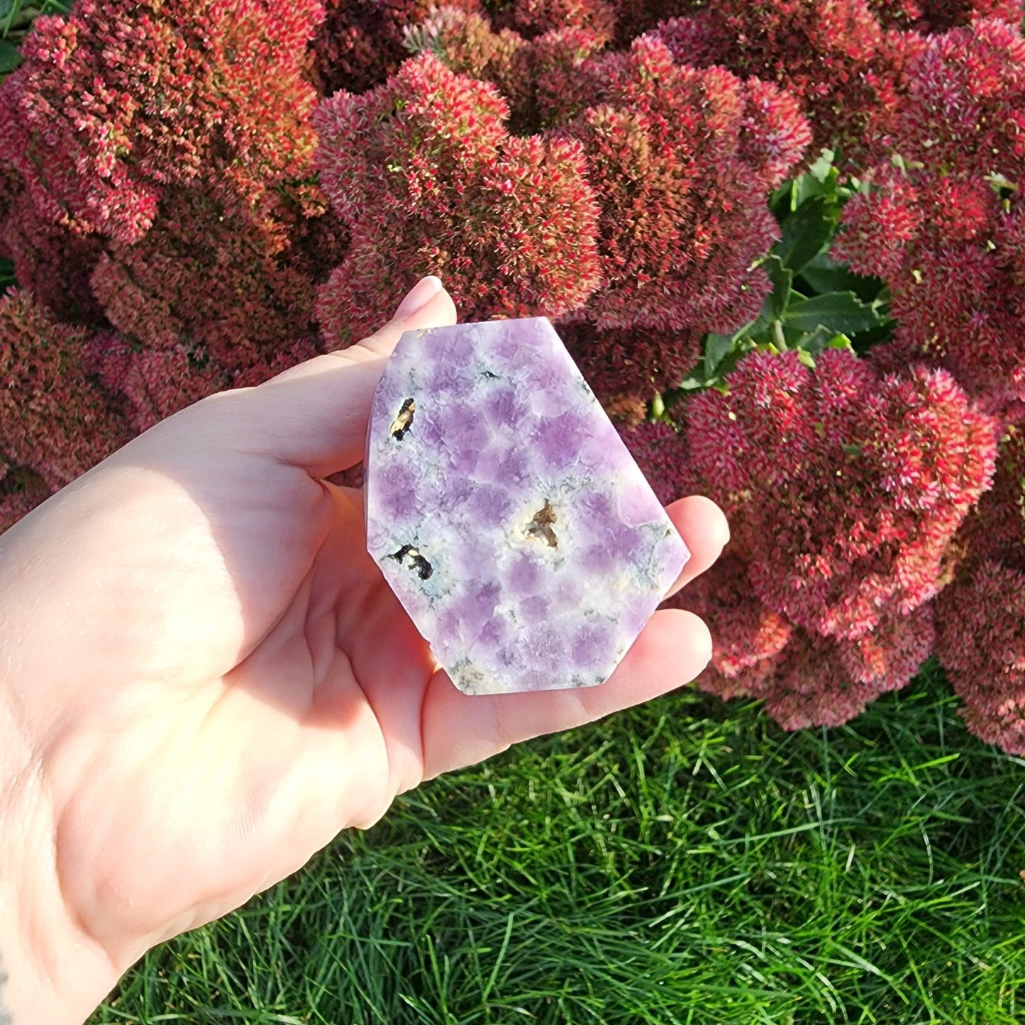 Large Rainbow Flourite Tower. Banded Purple, Green and Gray/white Point. Dark colors with a polka dot spotted bottom! (Imperfect)