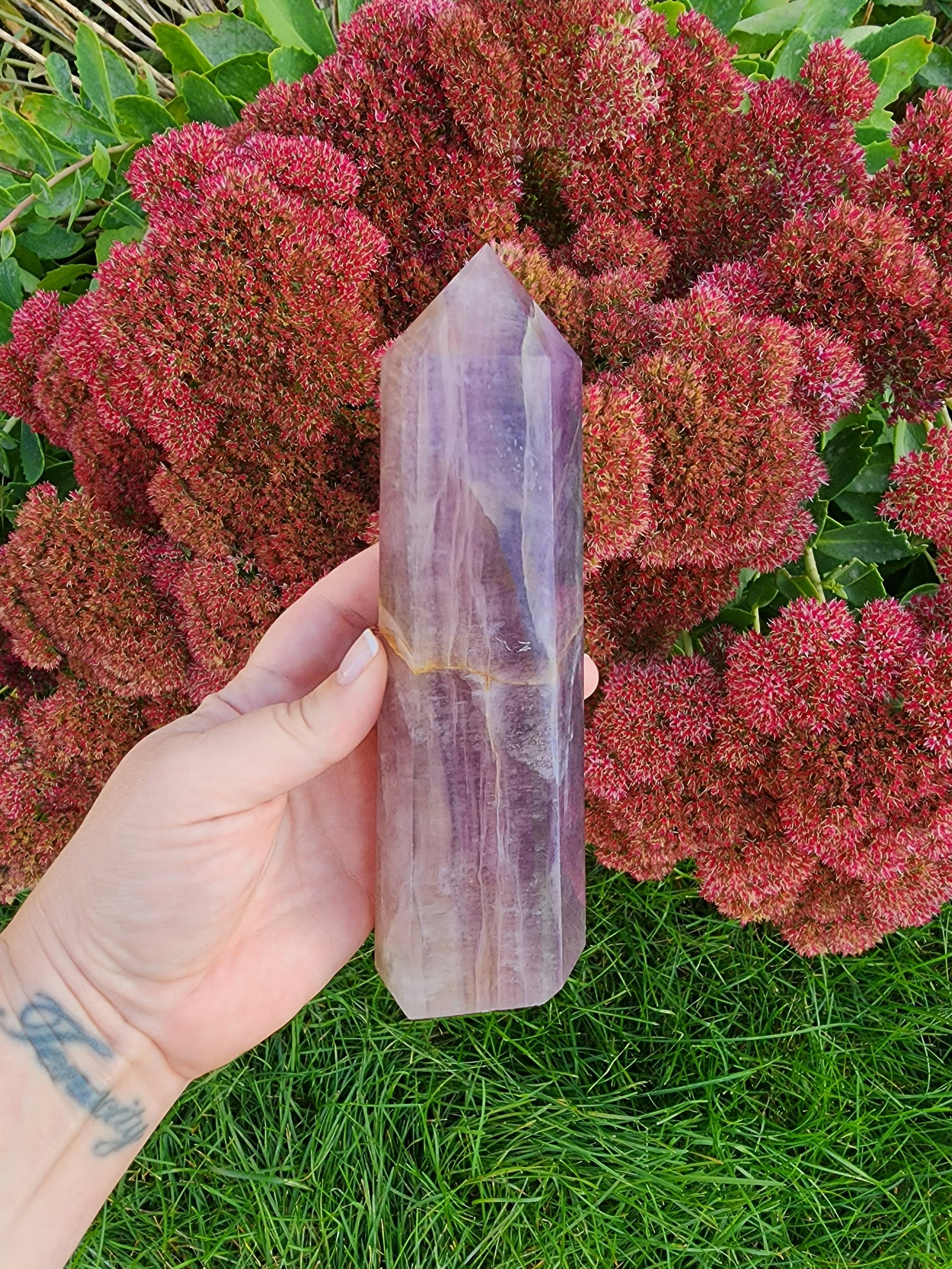 LARGE All Purple Flourite Tower. Small Natural vein of yellow with some rainbow. (Imperfect)