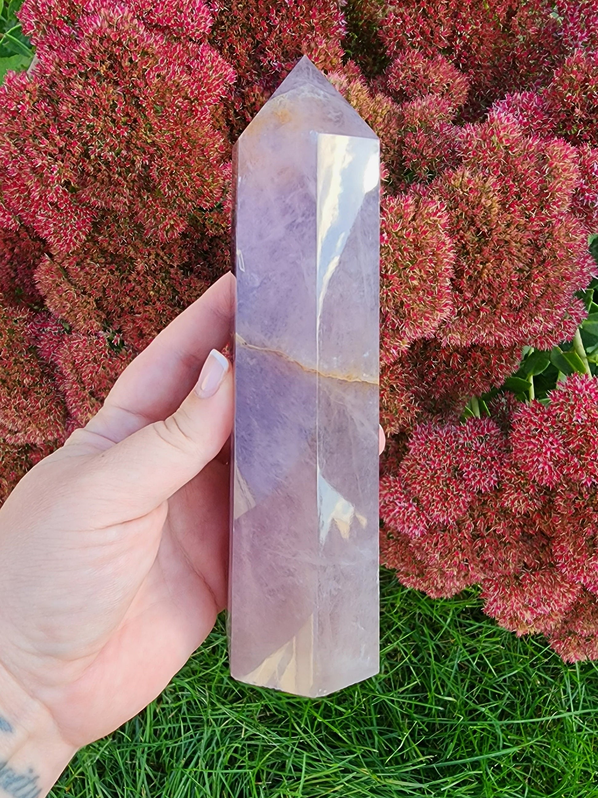 LARGE All Purple Flourite Tower. Small Natural vein of yellow with some rainbow. (Imperfect)