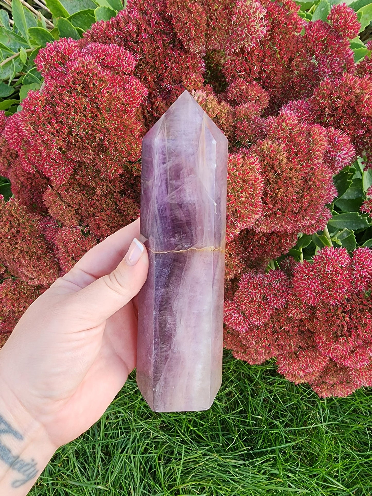 LARGE All Purple Flourite Tower. Small Natural vein of yellow with some rainbow. (Imperfect)