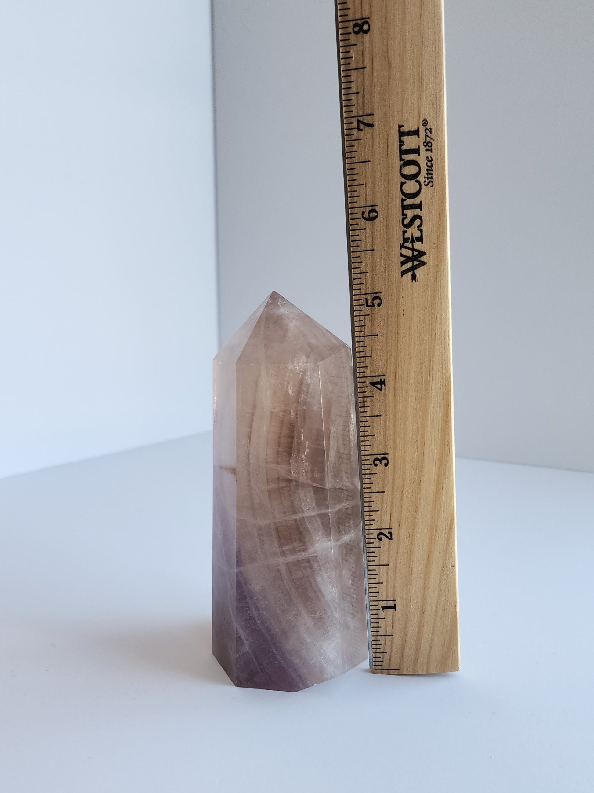 Flourite Tower. Translucent Lilac and Gray Banding. Chunky Gray. Medium Height. (Imperfect)