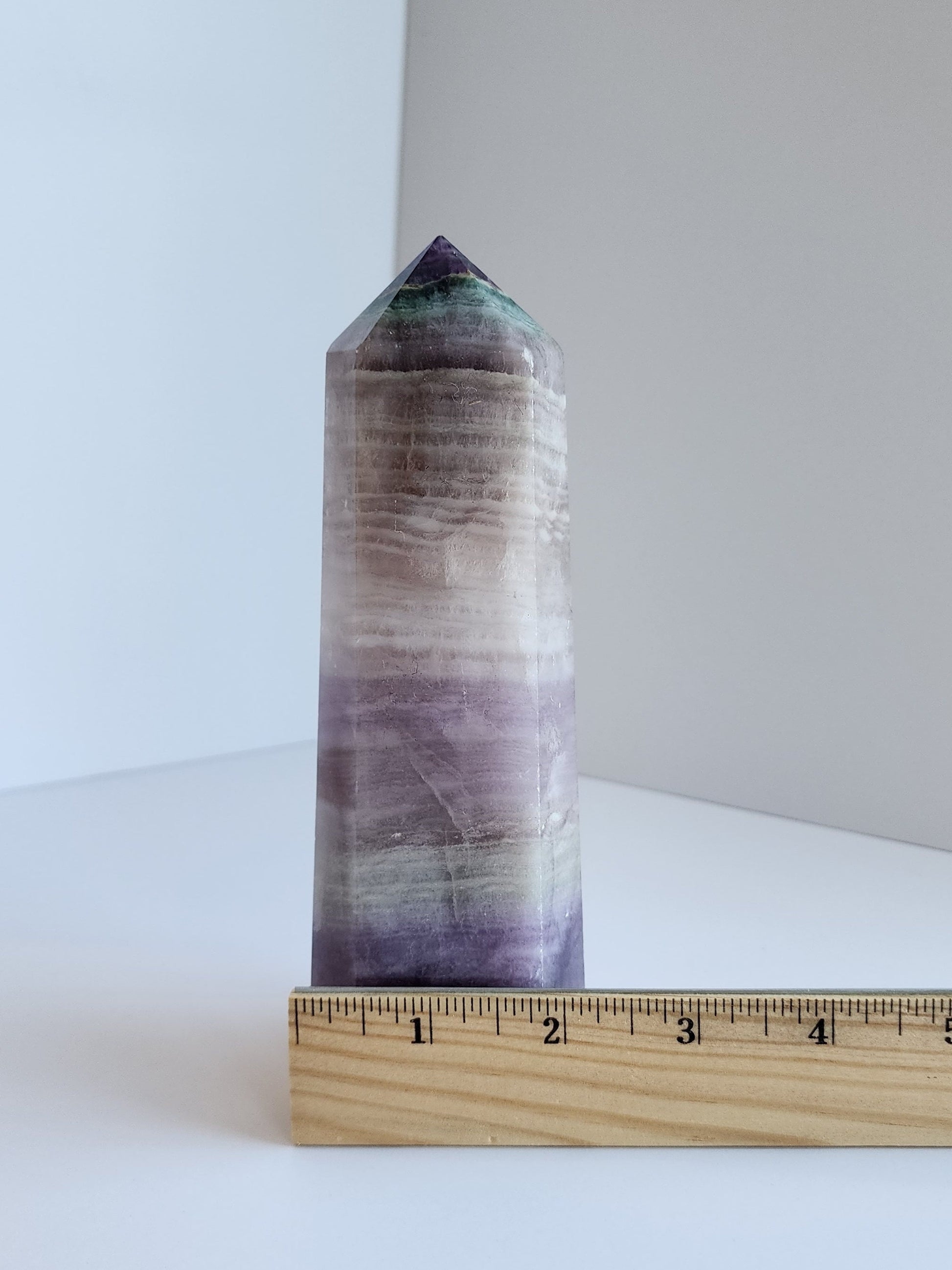 Large Flourite Tower. Light Purple, Green and White Banding with a Purple spotted bottom. (Imperfect)