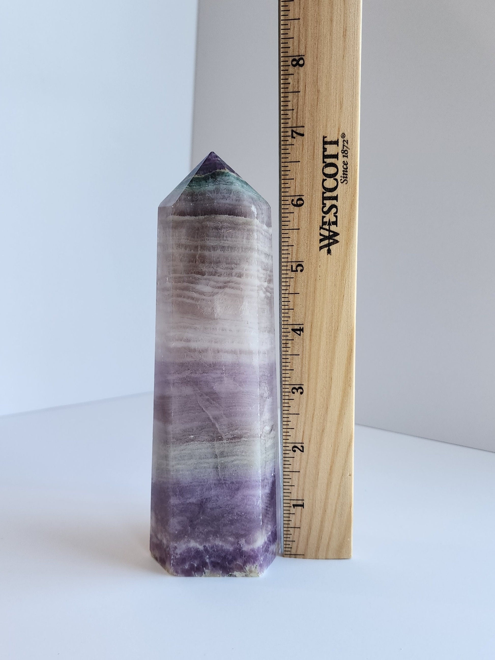 Large Flourite Tower. Light Purple, Green and White Banding with a Purple spotted bottom. (Imperfect)